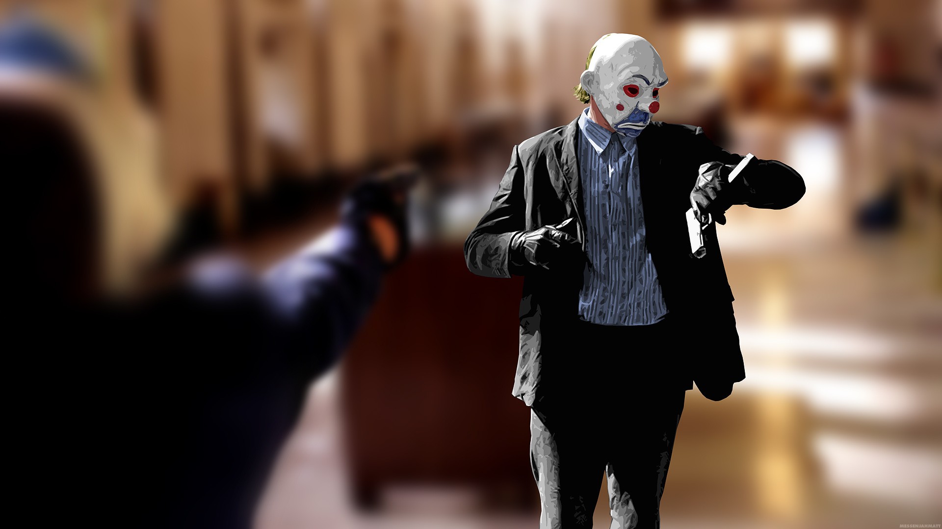 Joker Batman Digital Art The Dark Knight Clowns MessenjahMatt Heath Ledger Movies Gun Mask Depth Of  1920x1080