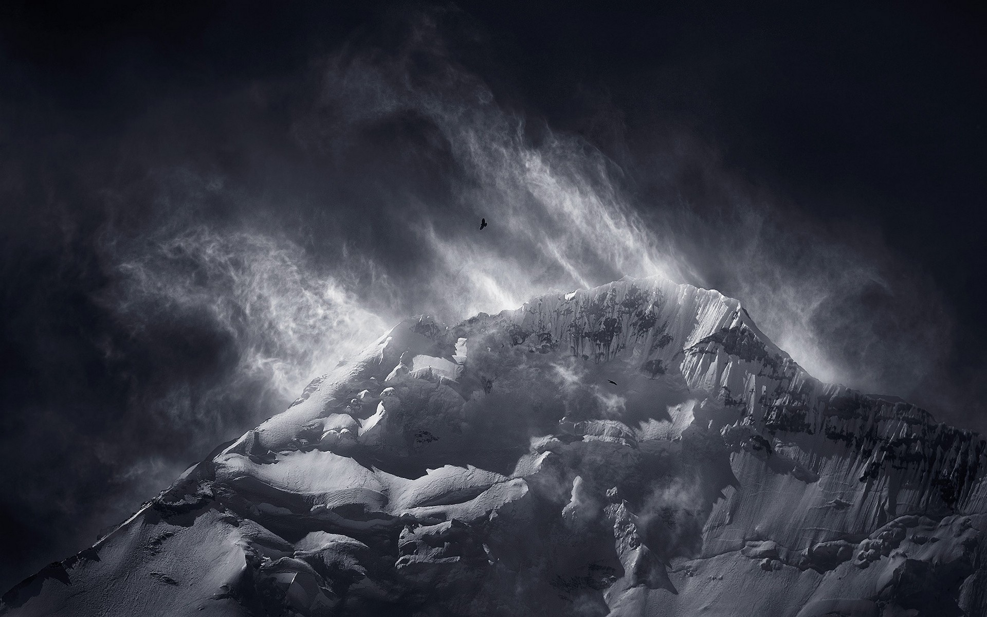 Nature Landscape Birds Flying Mountains Snowy Peak Monochrome Clouds Summit Wind Himalayas 1920x1200