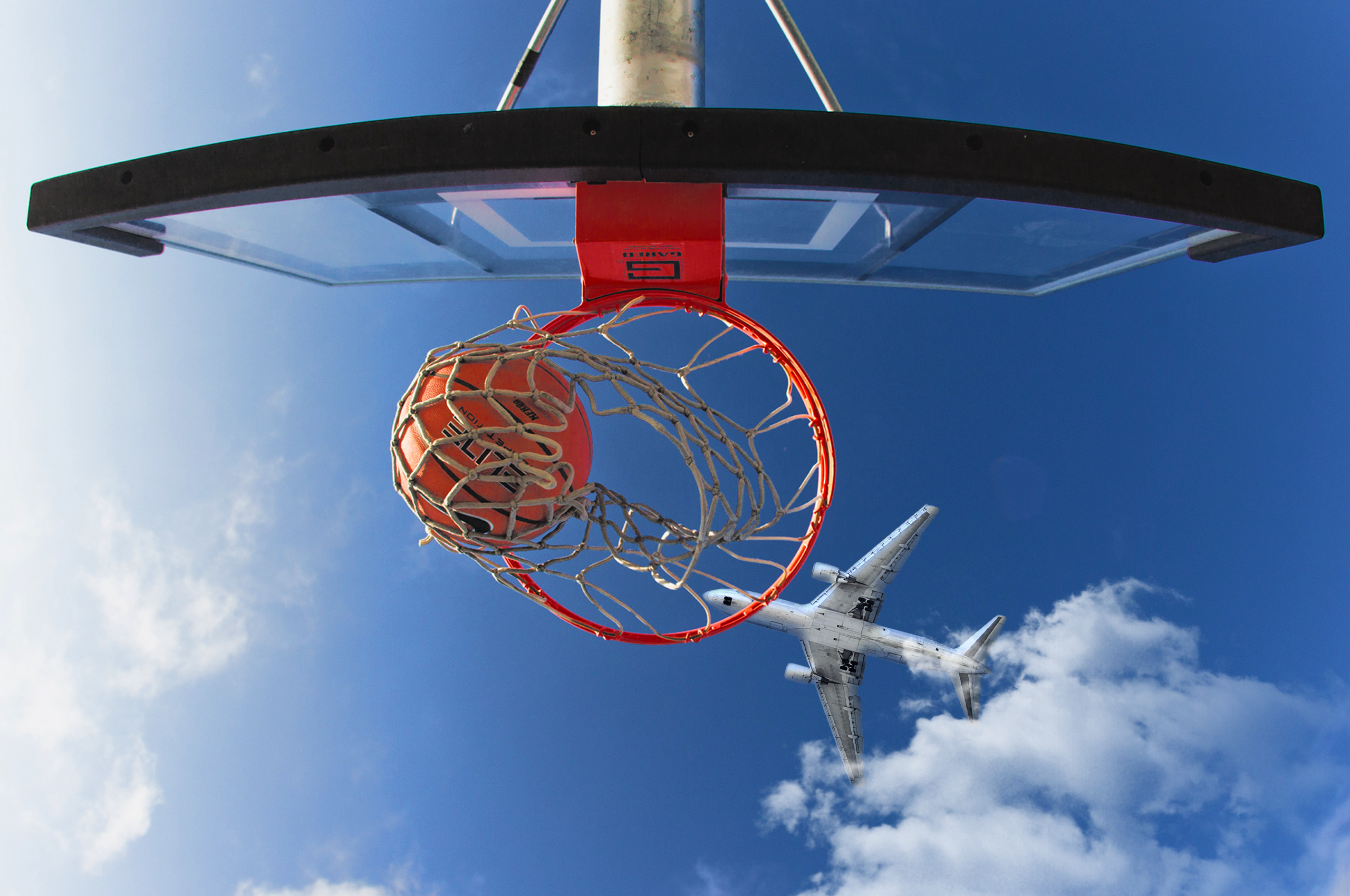 Basketball Airplane Sky Clouds Hoop 2560x1700