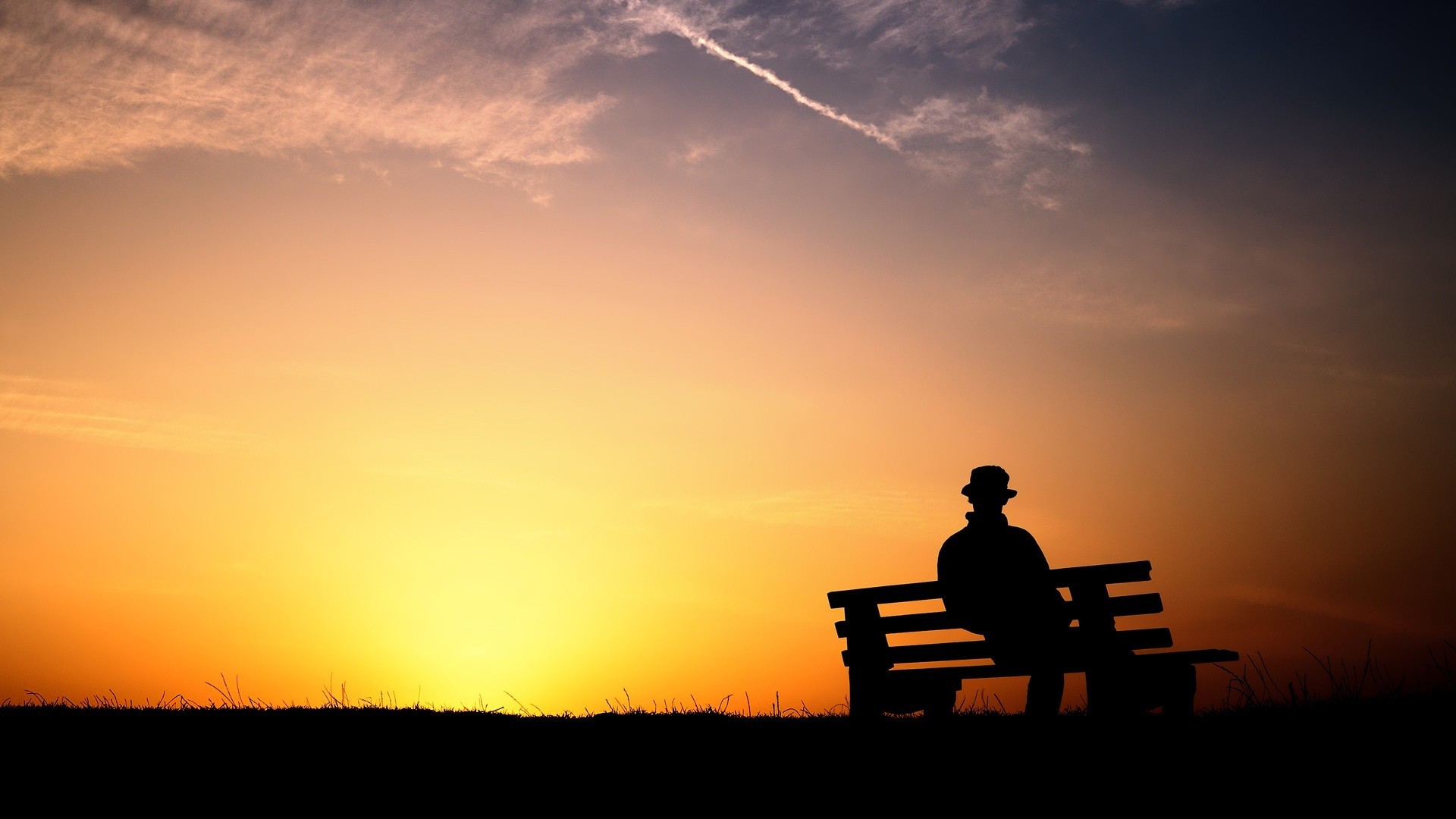 Sunset Loneliness Alone Sitting Clouds Solice Bench Orange 1920x1080