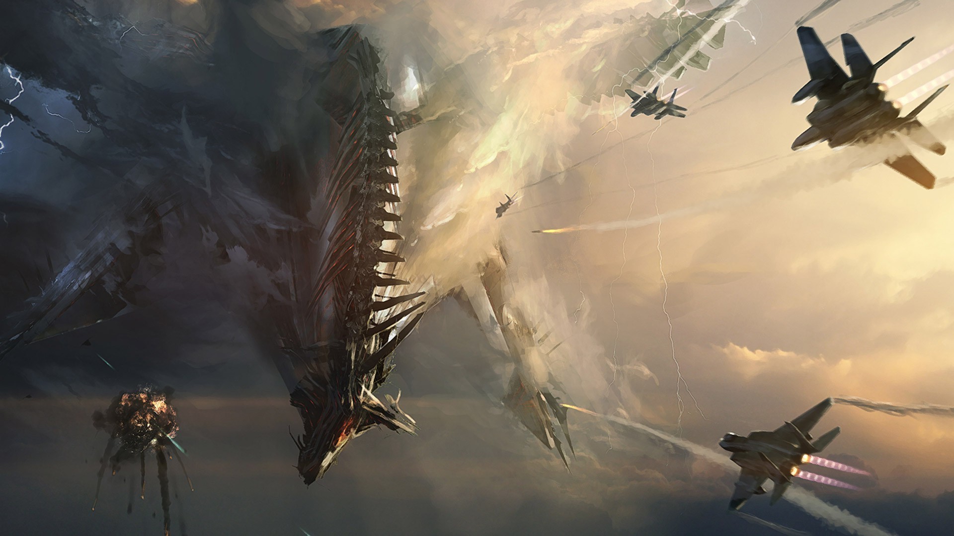 Artwork Fantasy Art Dragon Jets War Sky Battle 1920x1080