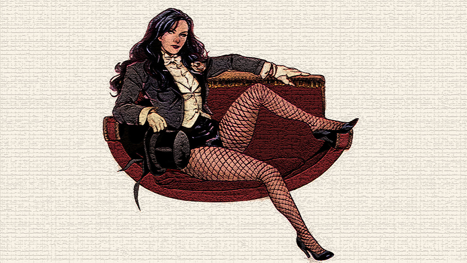 Zatanna Girl DC Comics Fishnet High Heels Hat Jacket Smile Black Hair Long Hair Glove Sitting 1920x1080