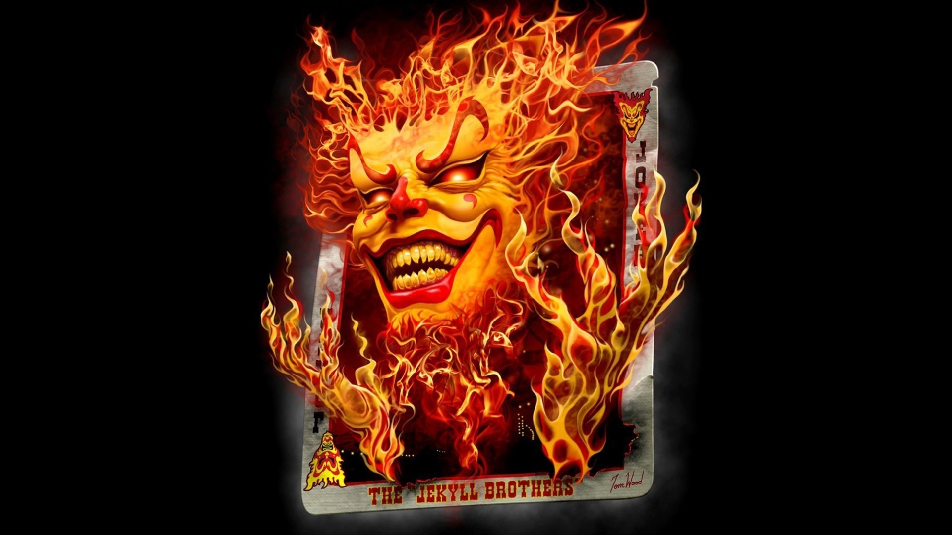 Digital Art Black Background Playing Cards Fire Joker Smiling Devils Red Eyes Juggalo 1920x1080