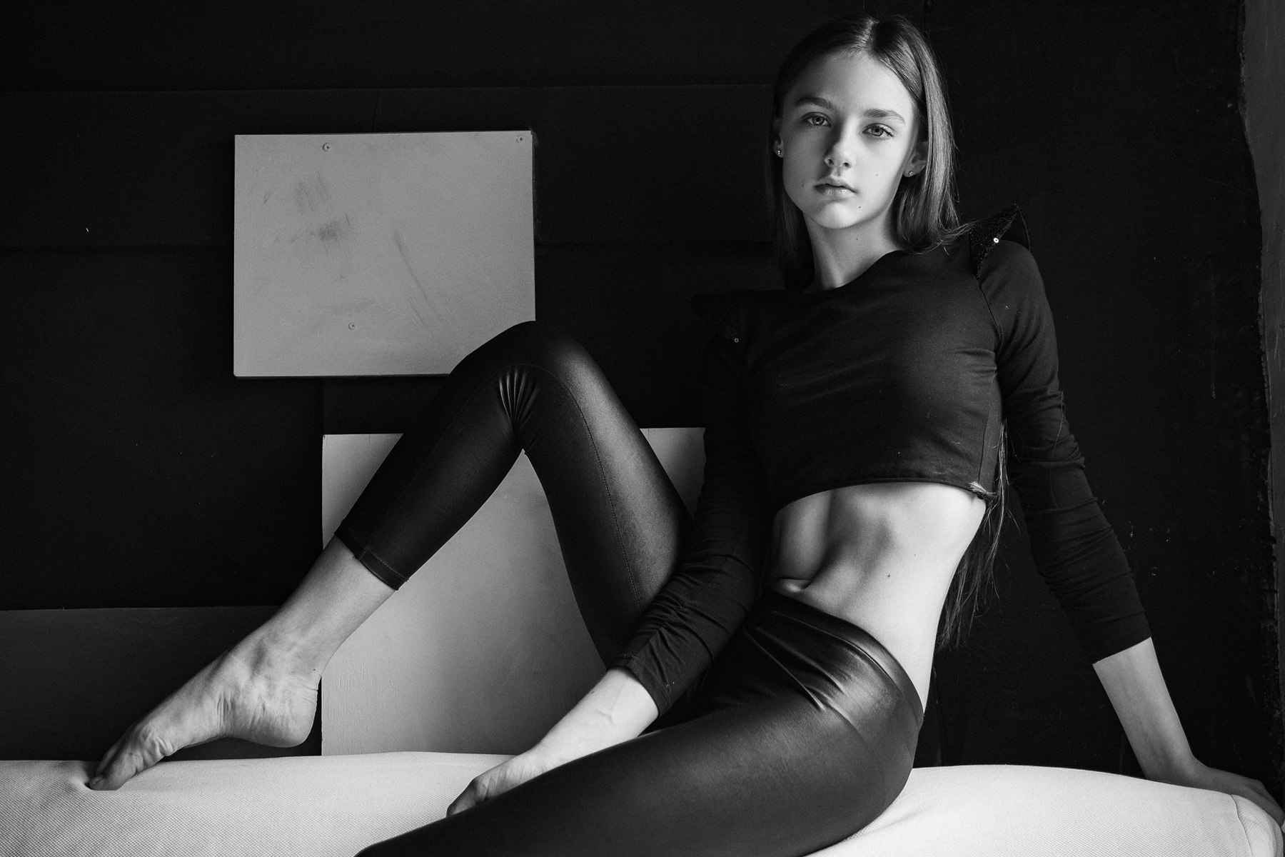 Barefoot Women Model Monochrome Aleksey Trifonov Leather Pants Black Clothing 1800x1200