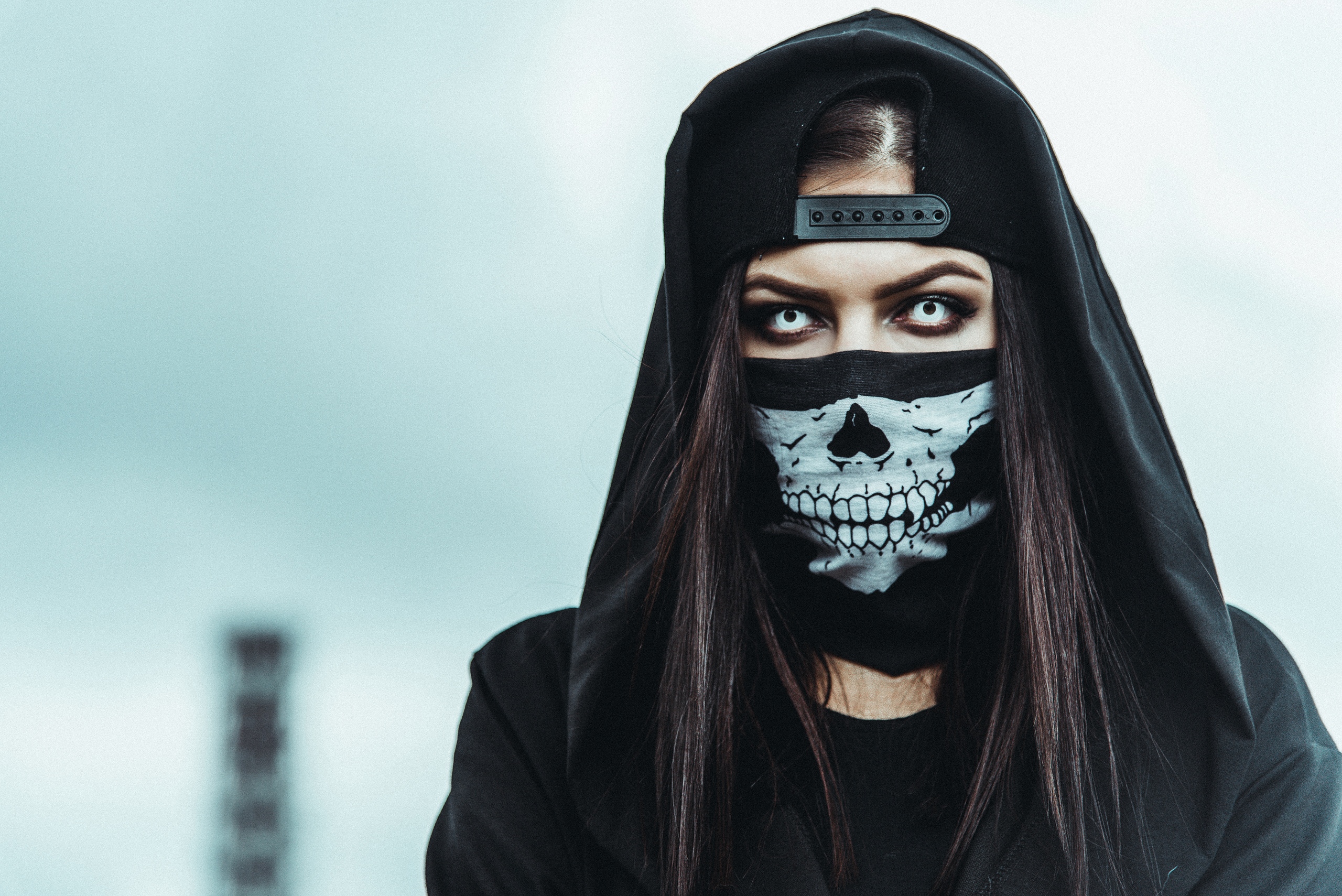 Women Dark Hair Baseball Caps Hoods Black Clothing Outdoors Contact Lenses Mask Skeleton Skull Women 2560x1709