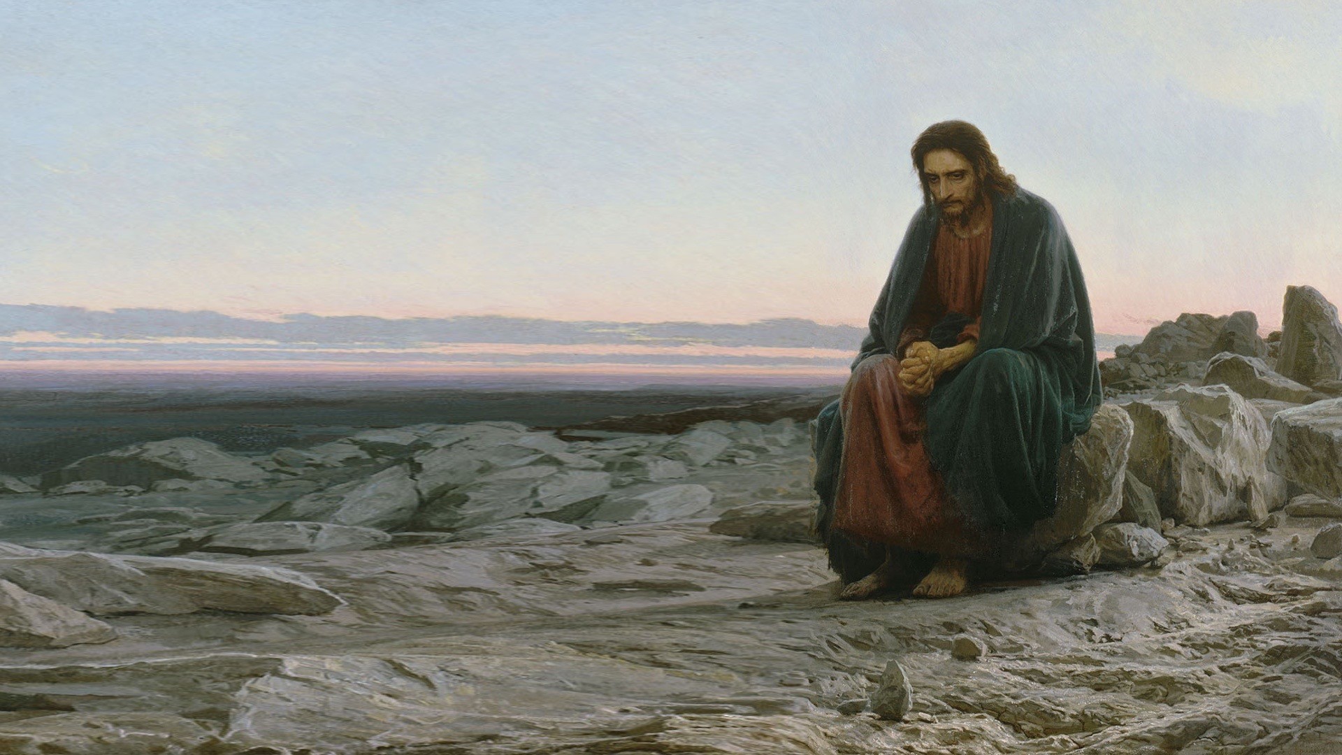 Artwork Classic Art Painting Jesus Christ Sitting Sadness Alone Rock Desert Christianity Religion Ba 1920x1080