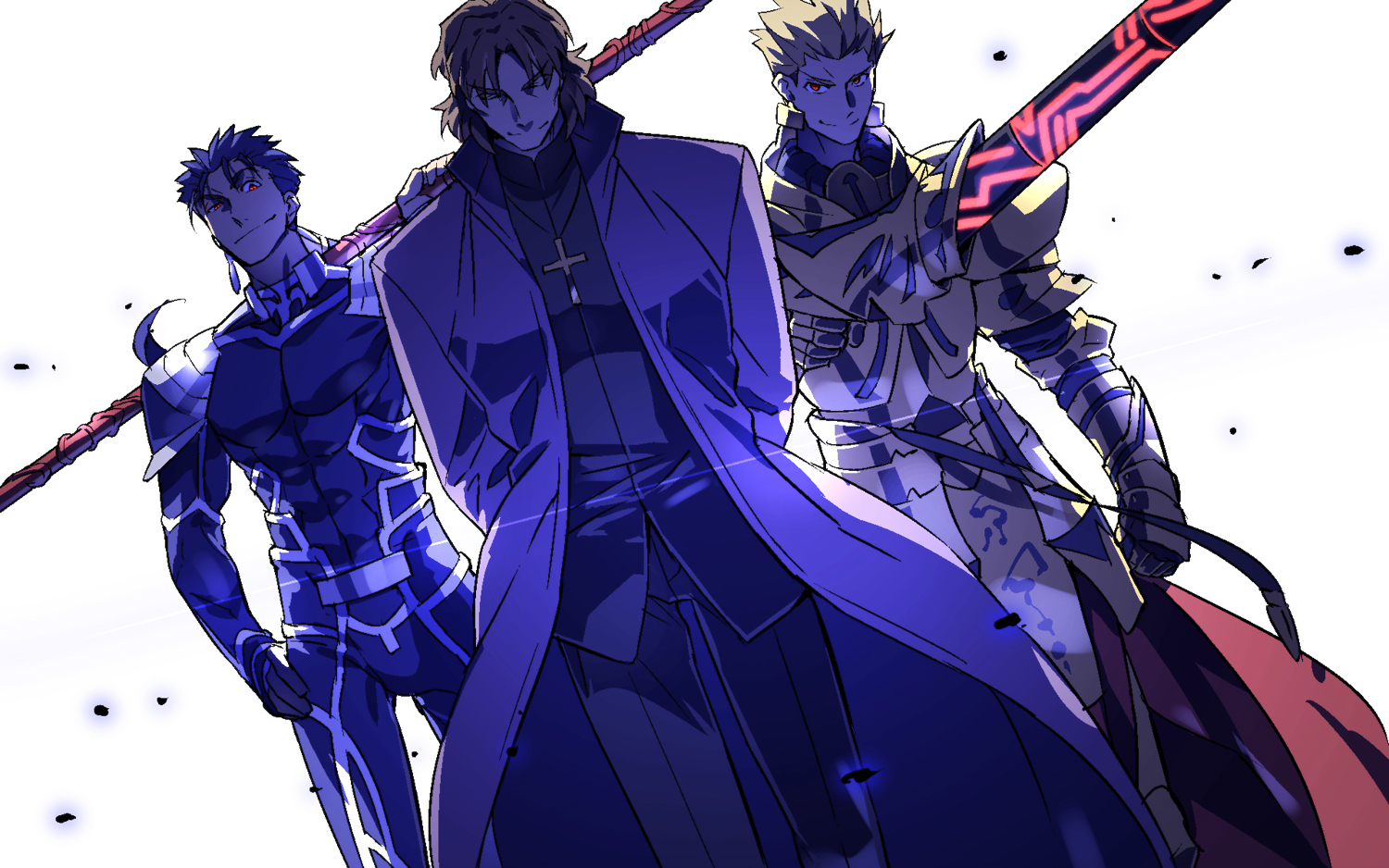 Fate Series Fate Stay Night Lancer Fate Stay Night Kotomine Kirei Gilgamesh Simple Background Anime  1500x938