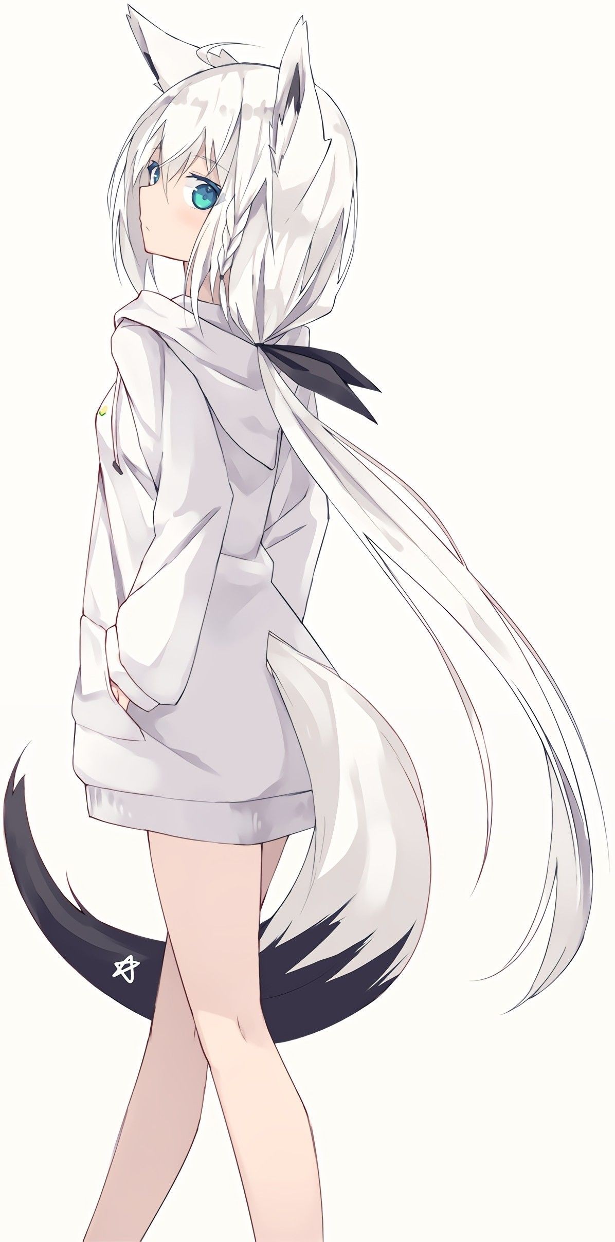 anime girl neko with white hair