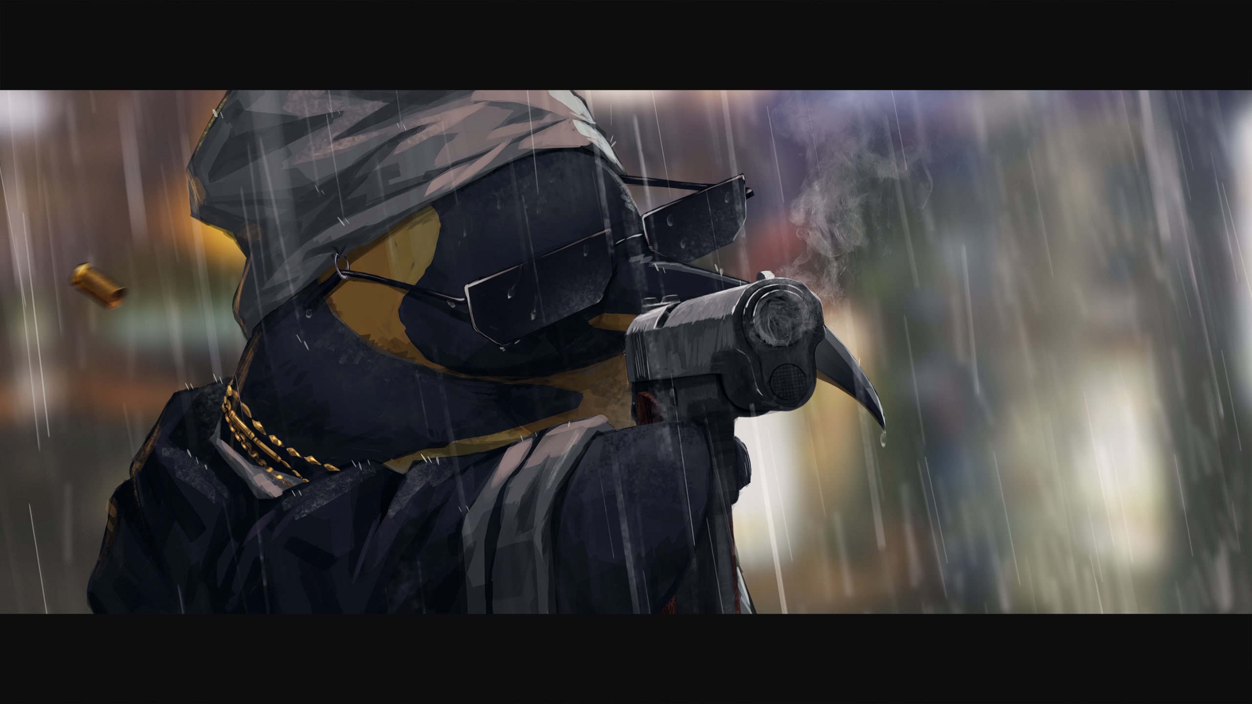 Penguins Gun Necklace Smoking Weapon Water Rain Beanie Sunglasses Digital Art Artwork Arknights Pist 2560x1440