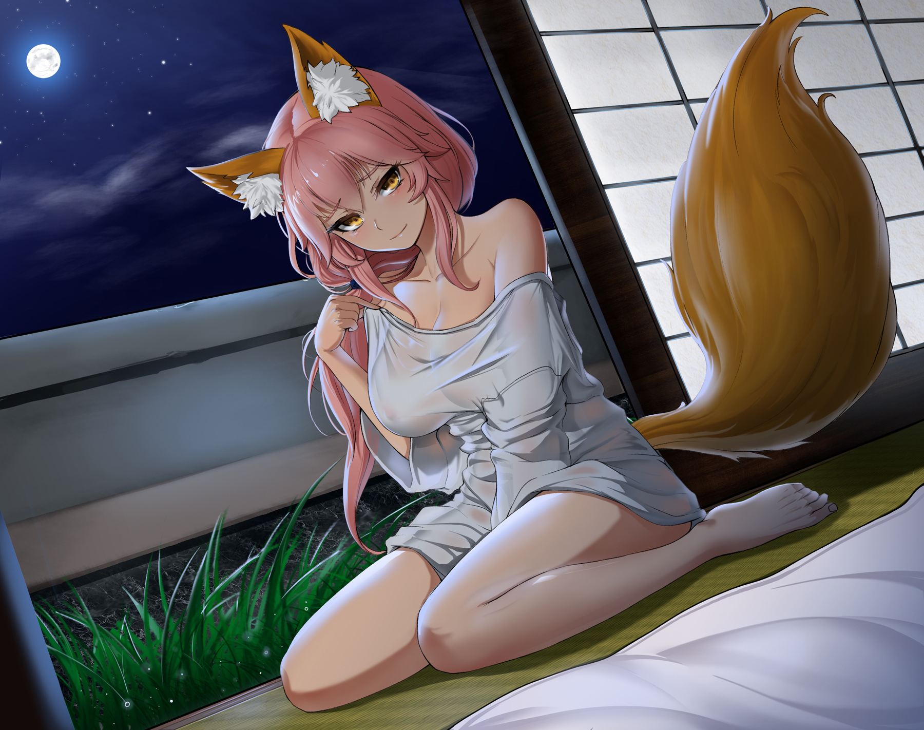 Tamamo No Mae Fate Grand Order Animal Ears Barefoot Bed Clouds Tail Yellow Eyes Pink Hair Ponytail 1800x1422