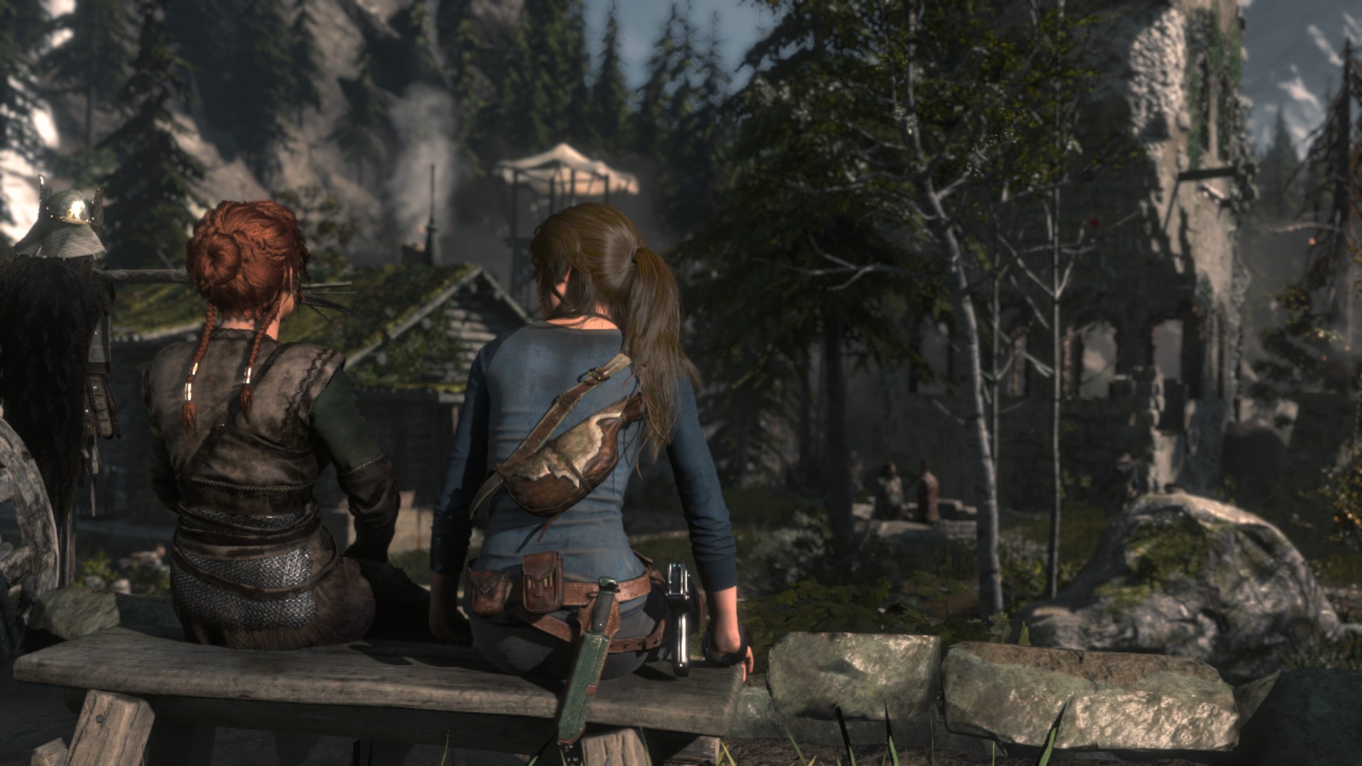 Rise Of The Tomb Raider Lara Croft Town Sitting Redhead Talking Brunette Rear View 1920x1080