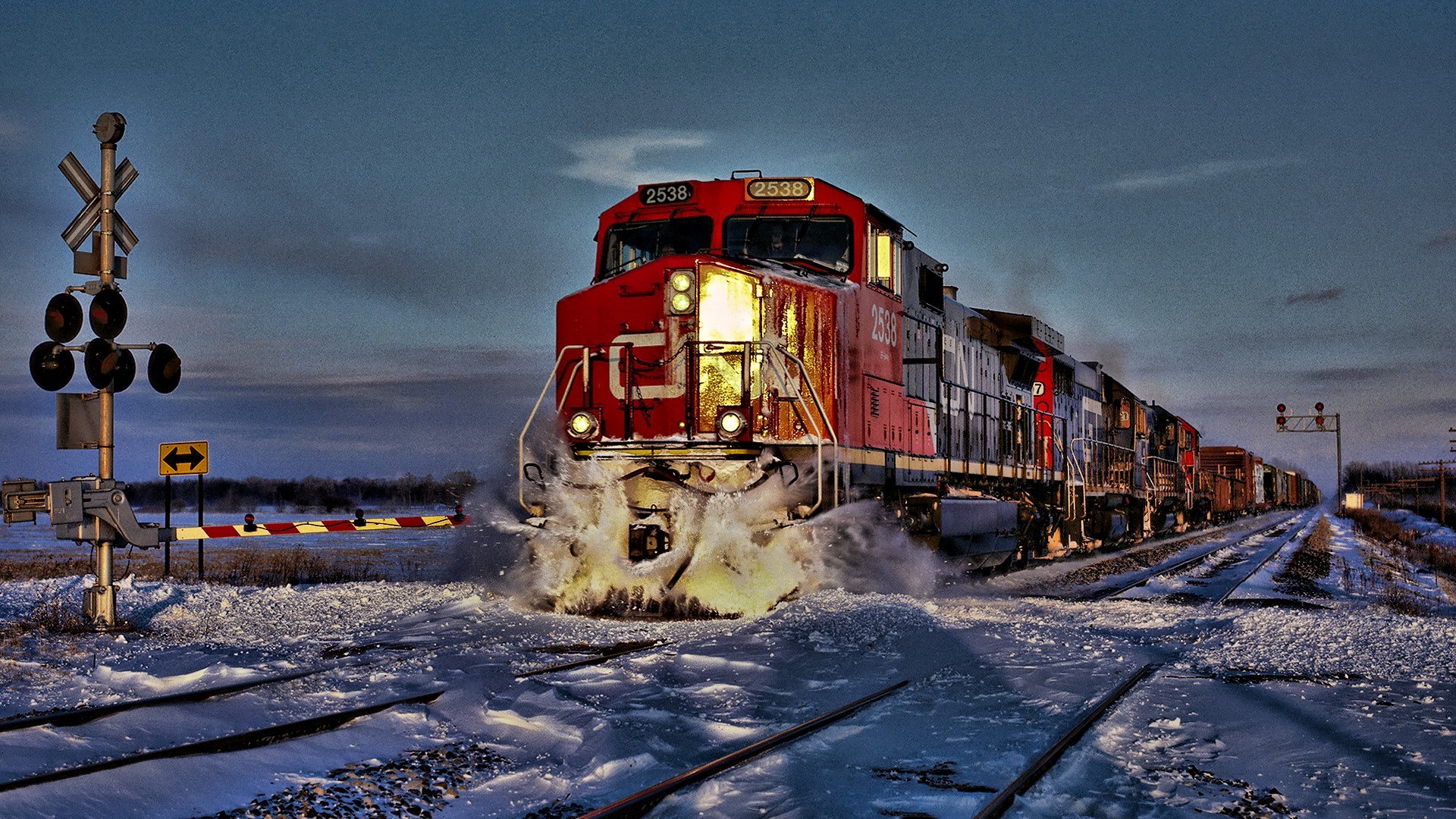 Snow Vehicle Train Railway Crossing 1920x1080