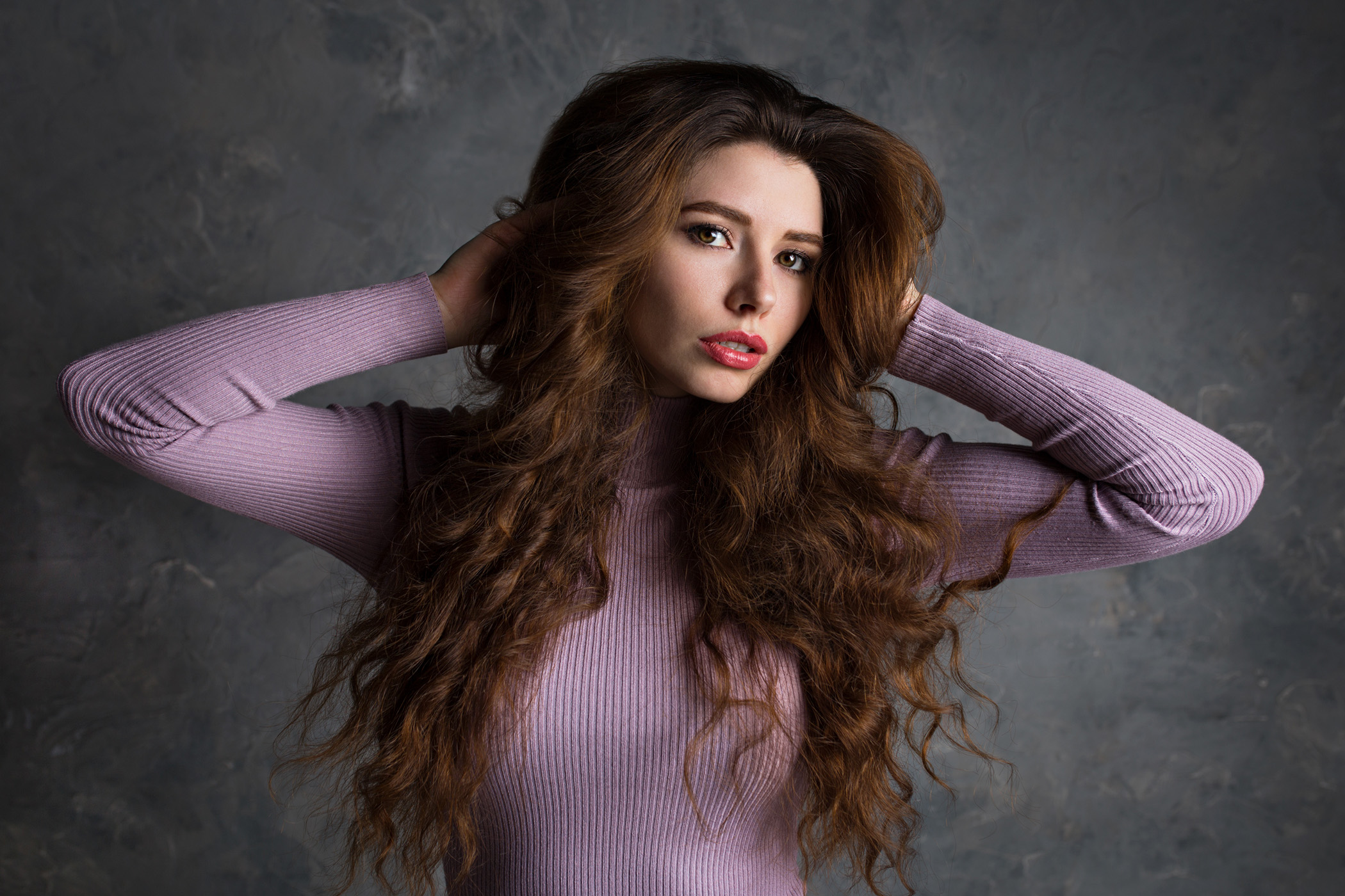 Anastasija Filimonova Women Model Sweater Portrait Brunette Long Hair Purple Dress Ilya Baranov 2100x1400