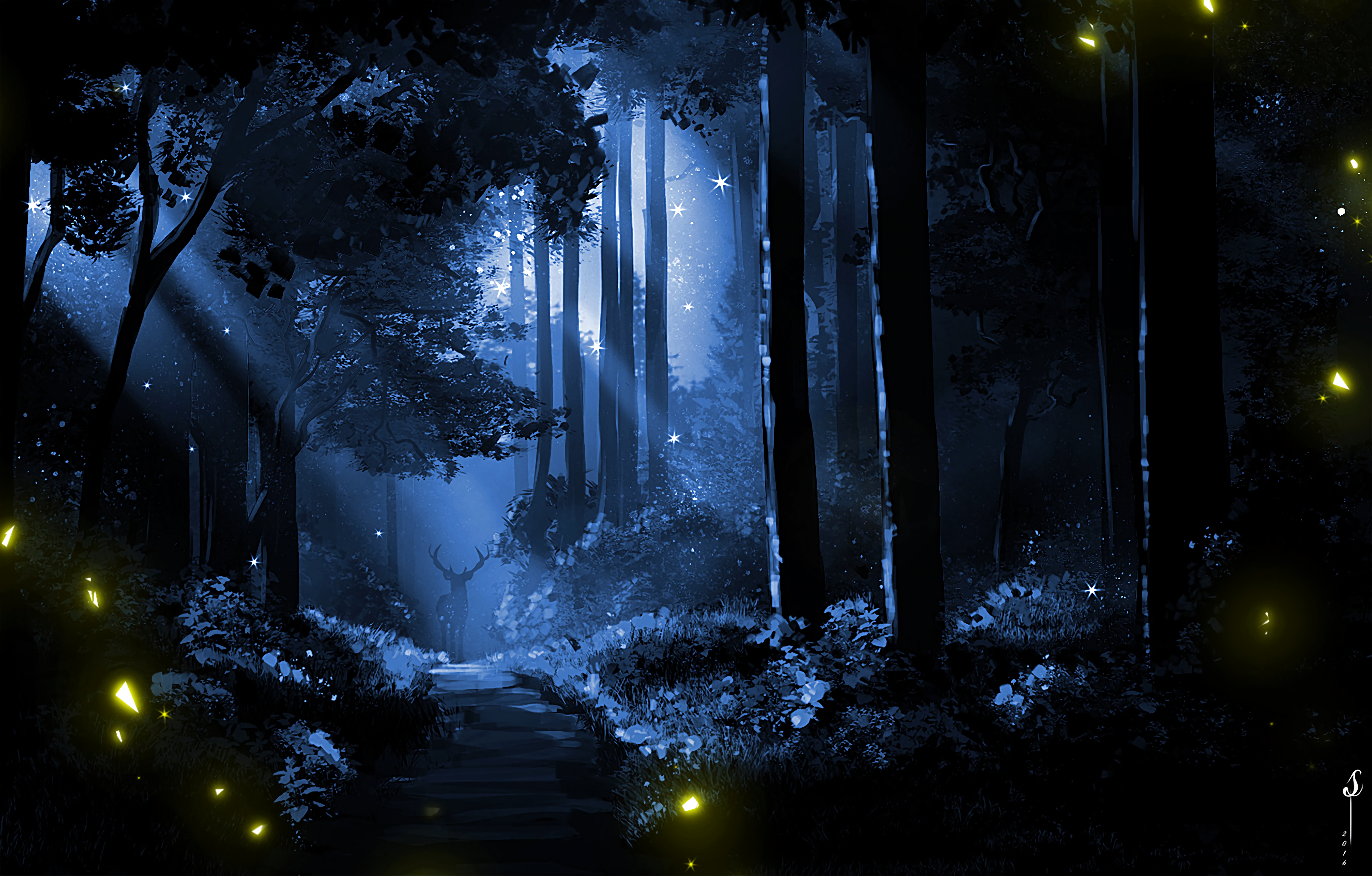Digital Digital Art Artwork Forest Nature Lights Night Night View Moon Rays Wood Landscape Dark Silh 3660x2338