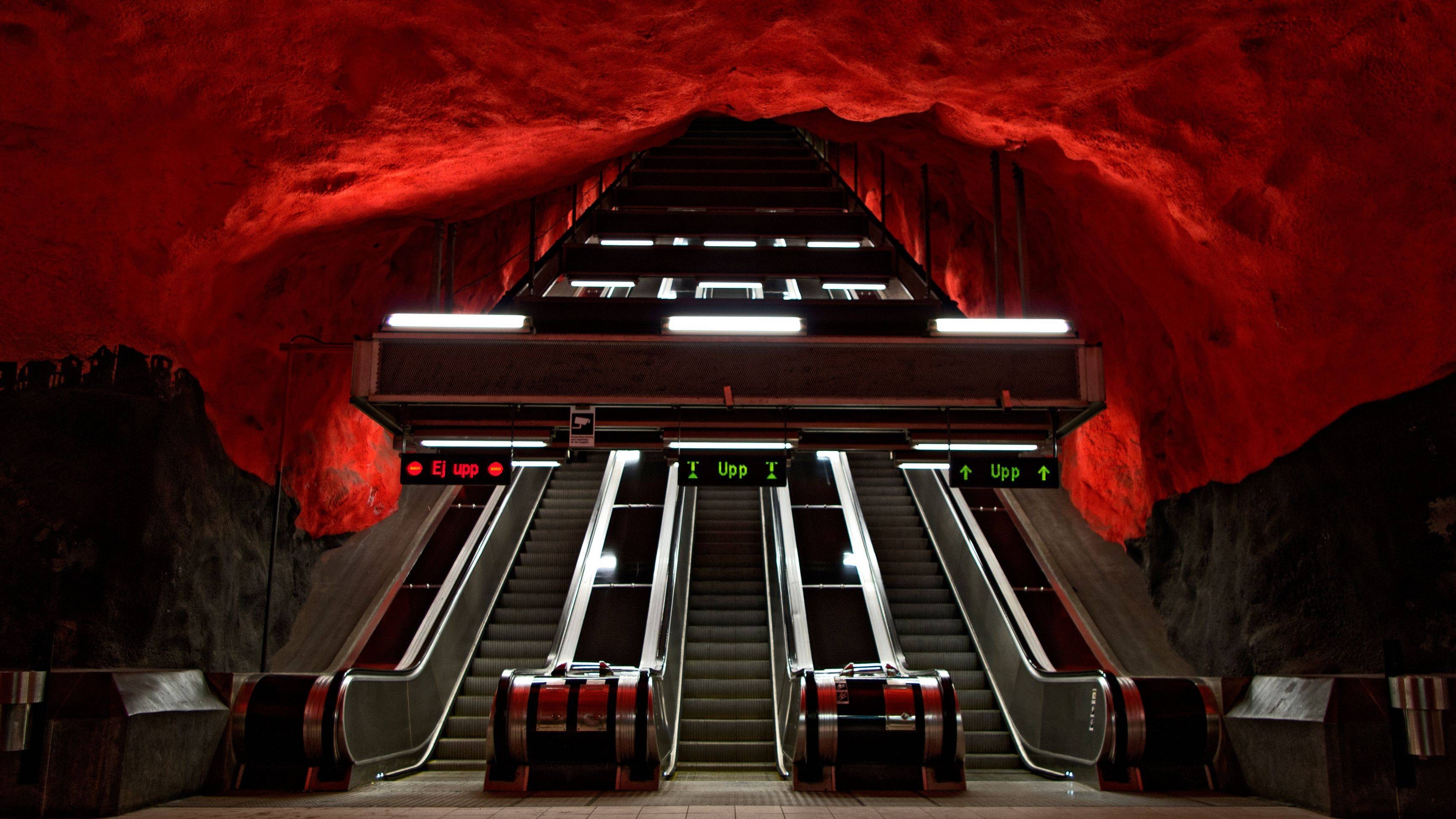 Escalator Stockholm Sweden Metro Tunnel Underground Cave Train Station Stockholm Metro Red 3456x1944