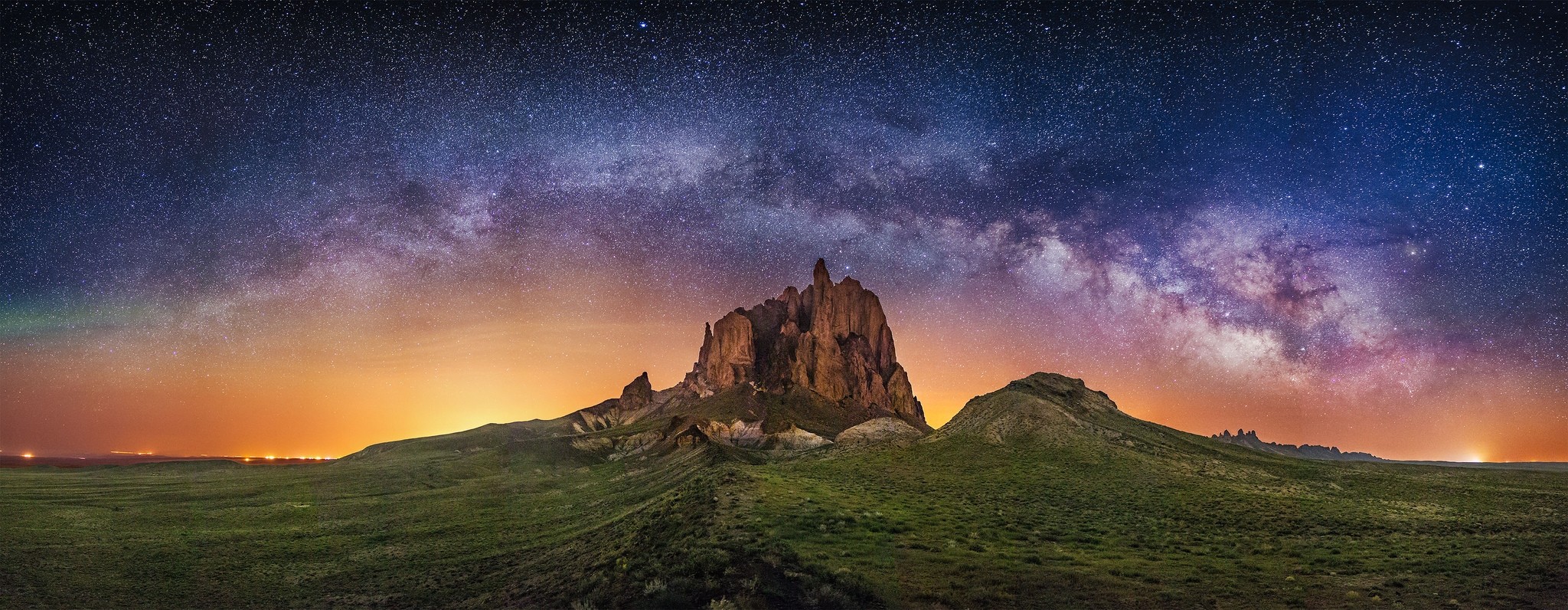 Nature Photography Landscape Milky Way Starry Night Rock Lights Galaxy Long Exposure New Mexico 2048x796