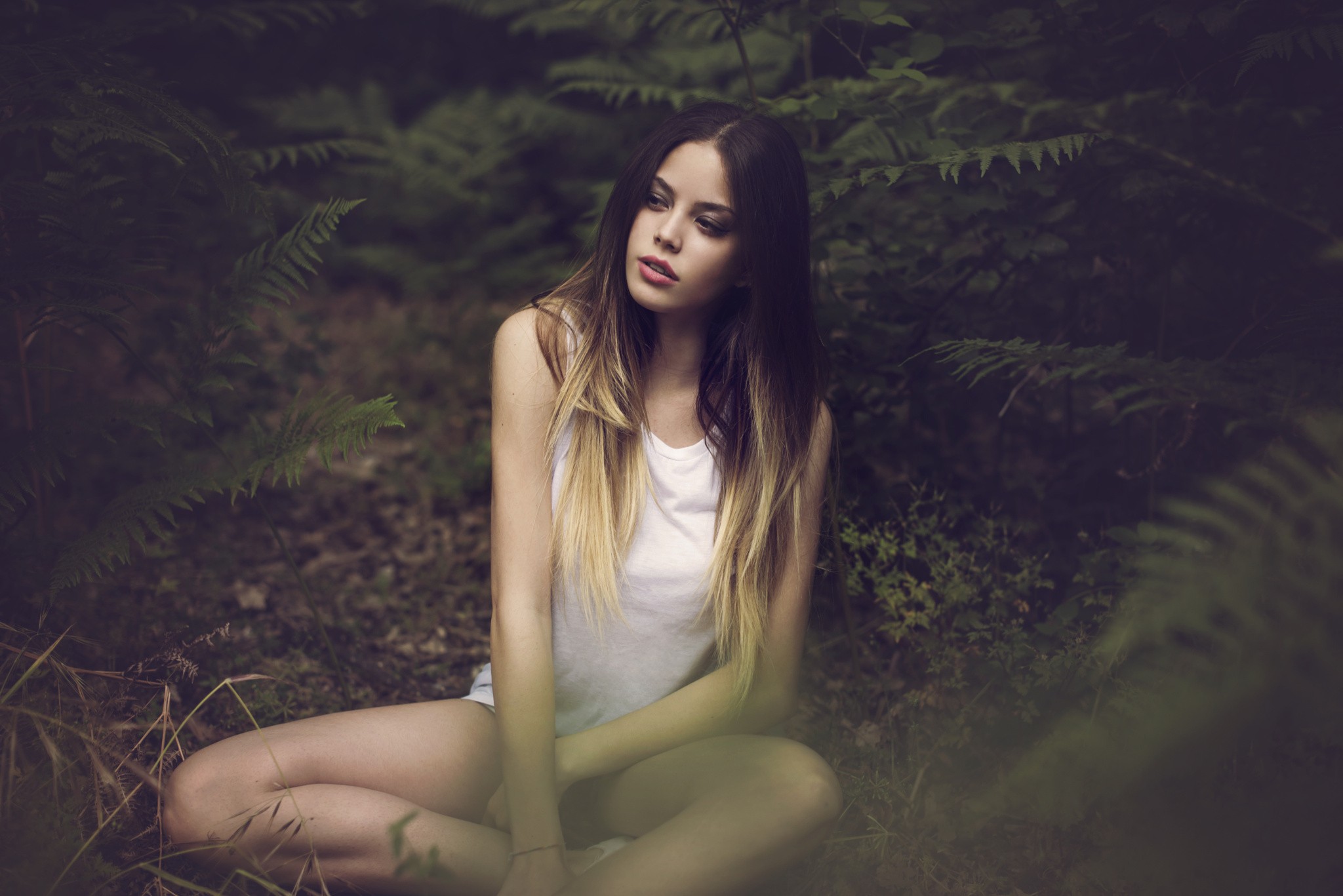 Women Dyed Hair White Tops Face Sitting Women Outdoors Forest Portrait Hazy 2048x1367