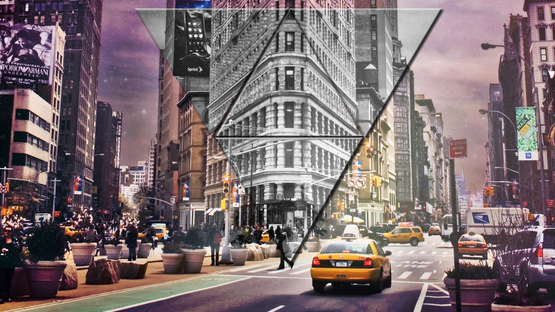 New York City New York Taxi Street City Triangle Digital Art Purple Stars 1920x1080