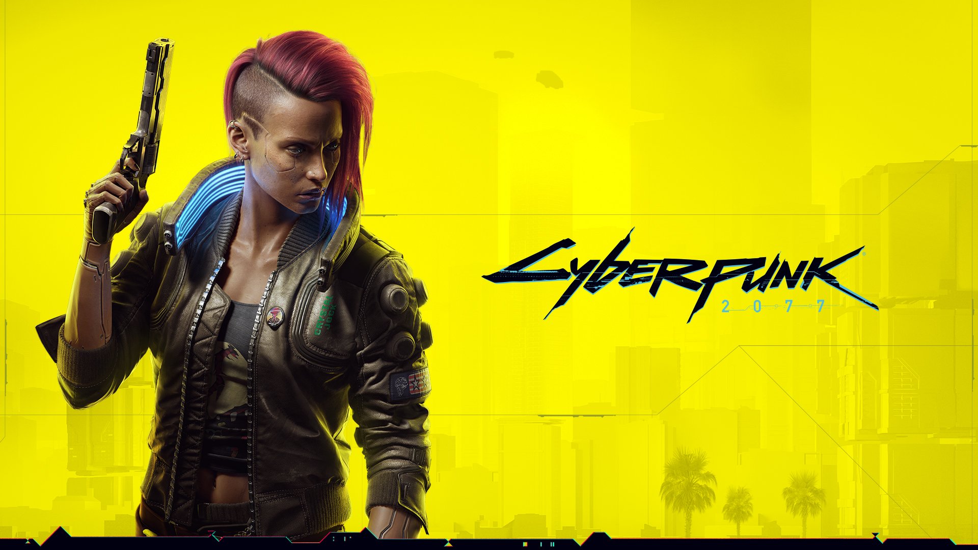 Cyberpunk 2077 V Cyberpunk Redhead Yellow Background Shaved Head Weapon Gun Jacket Yellow Neon Glow 1920x1080