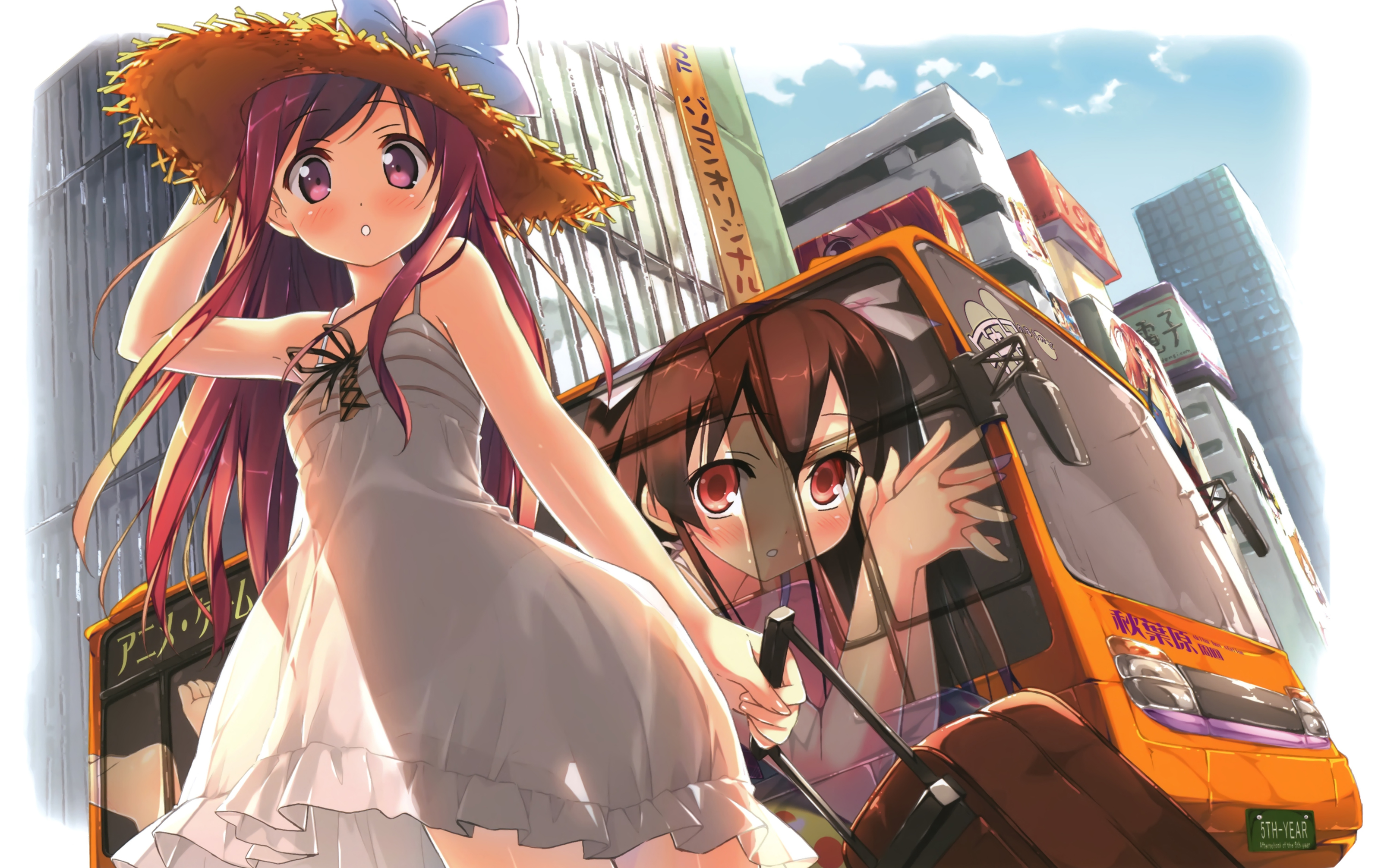 Brown Hair City Dress Blush Hat Long Hair Purple Eyes Ribbon Kurumi Kantoku 5 Nenme No Houkago 3200x2012