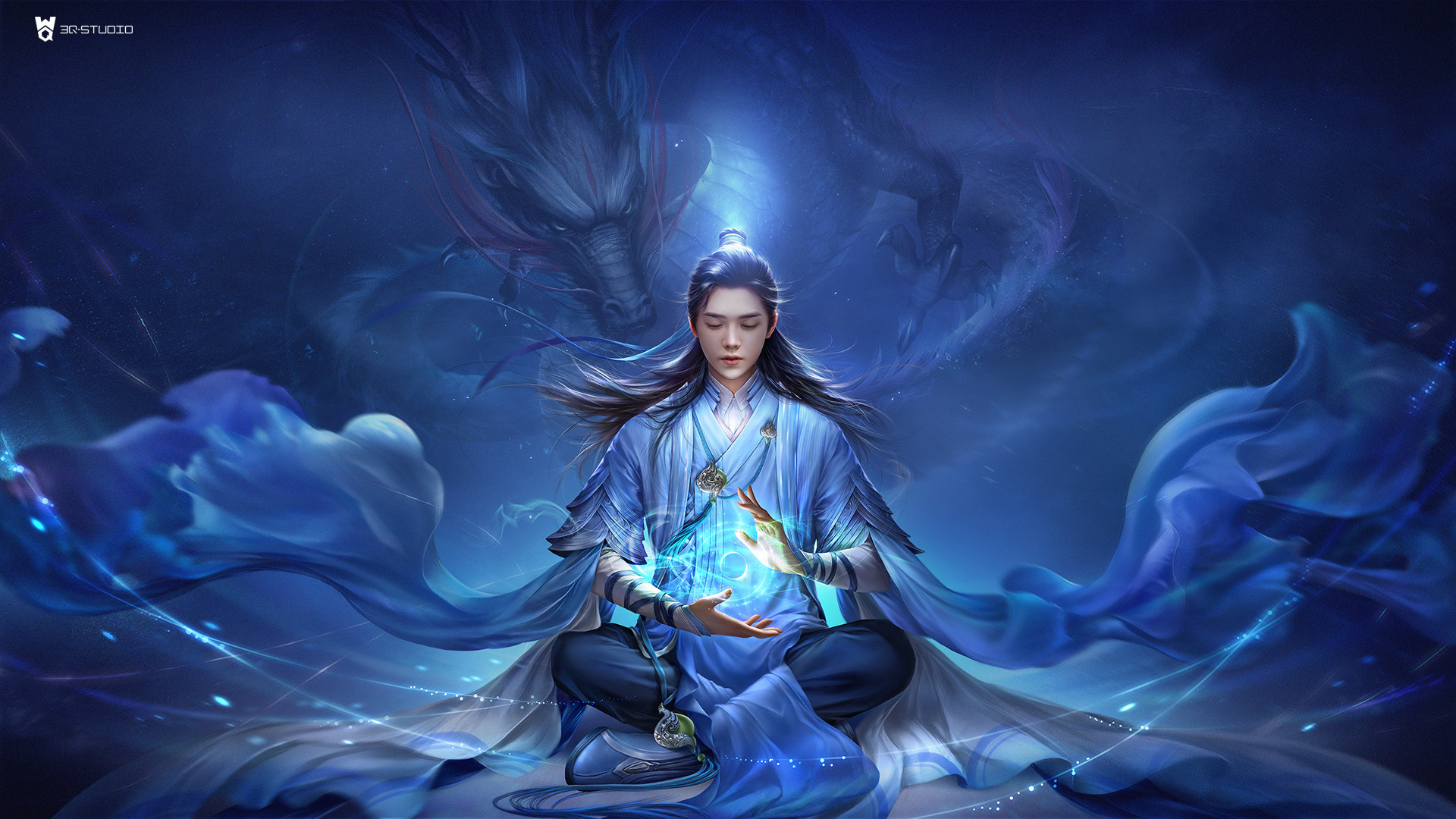 3Q Studio Drawing Men Dark Hair Long Hair Ponytail Magician Spell Blue Clothing Chinese Dragon Monks 1920x1080