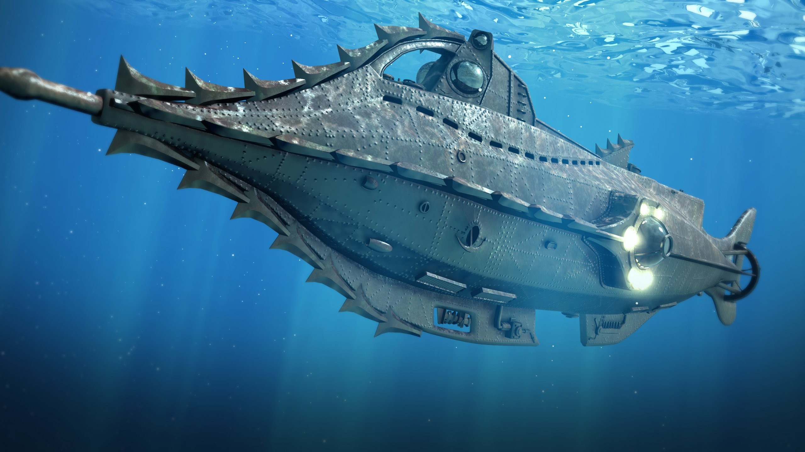 Digital Art Fantasy Art Underwater Submarine Sea Sun Rays Blue Jules Verne 20000 Leagues Under The S 2560x1440