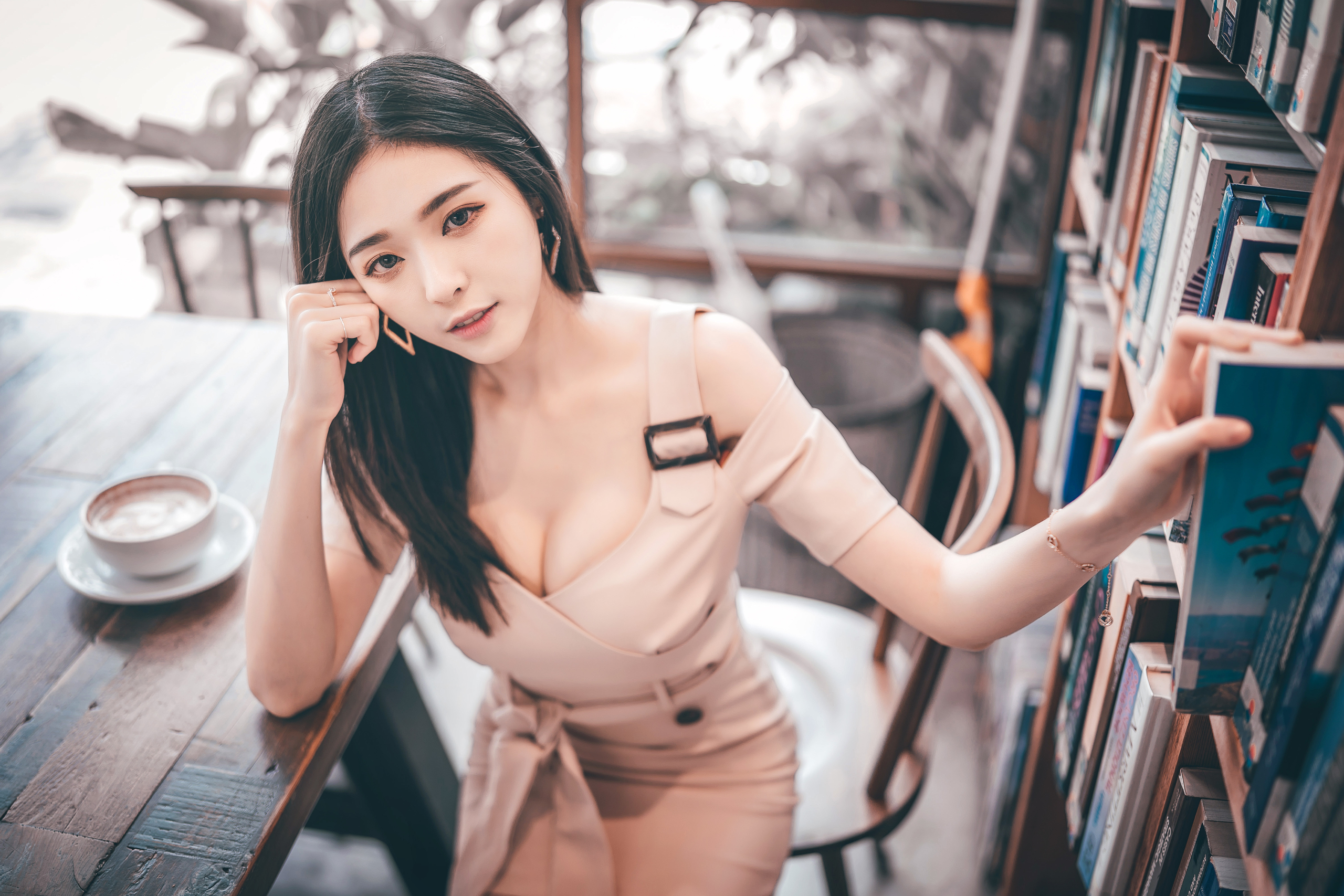 Asian Women Model Brunette Portrait Looking At Viewer Dress Bokeh Sitting Cup Chair Books Bookcase T 2560x1707