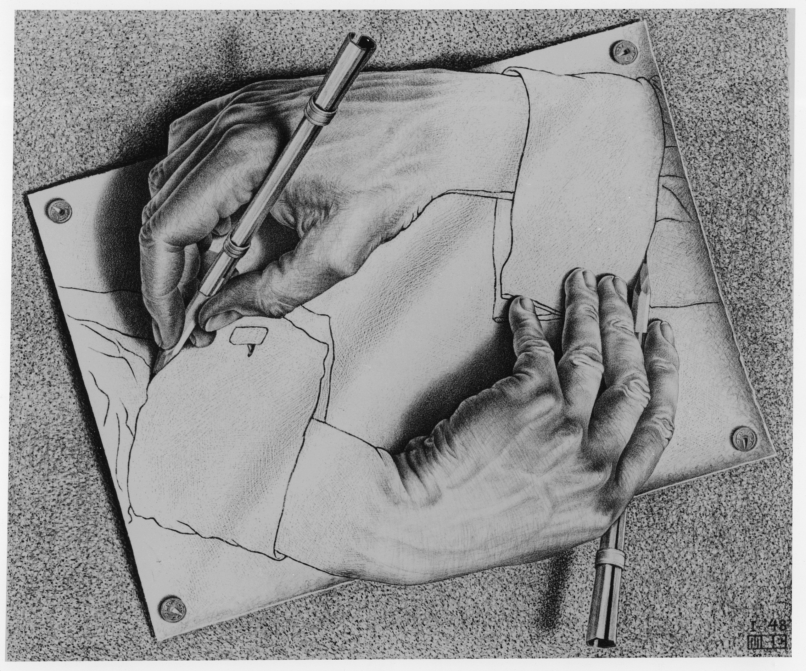 Artwork Optical Illusion M C Escher Drawing Monochrome Pencils Hands Paper 2562x2132