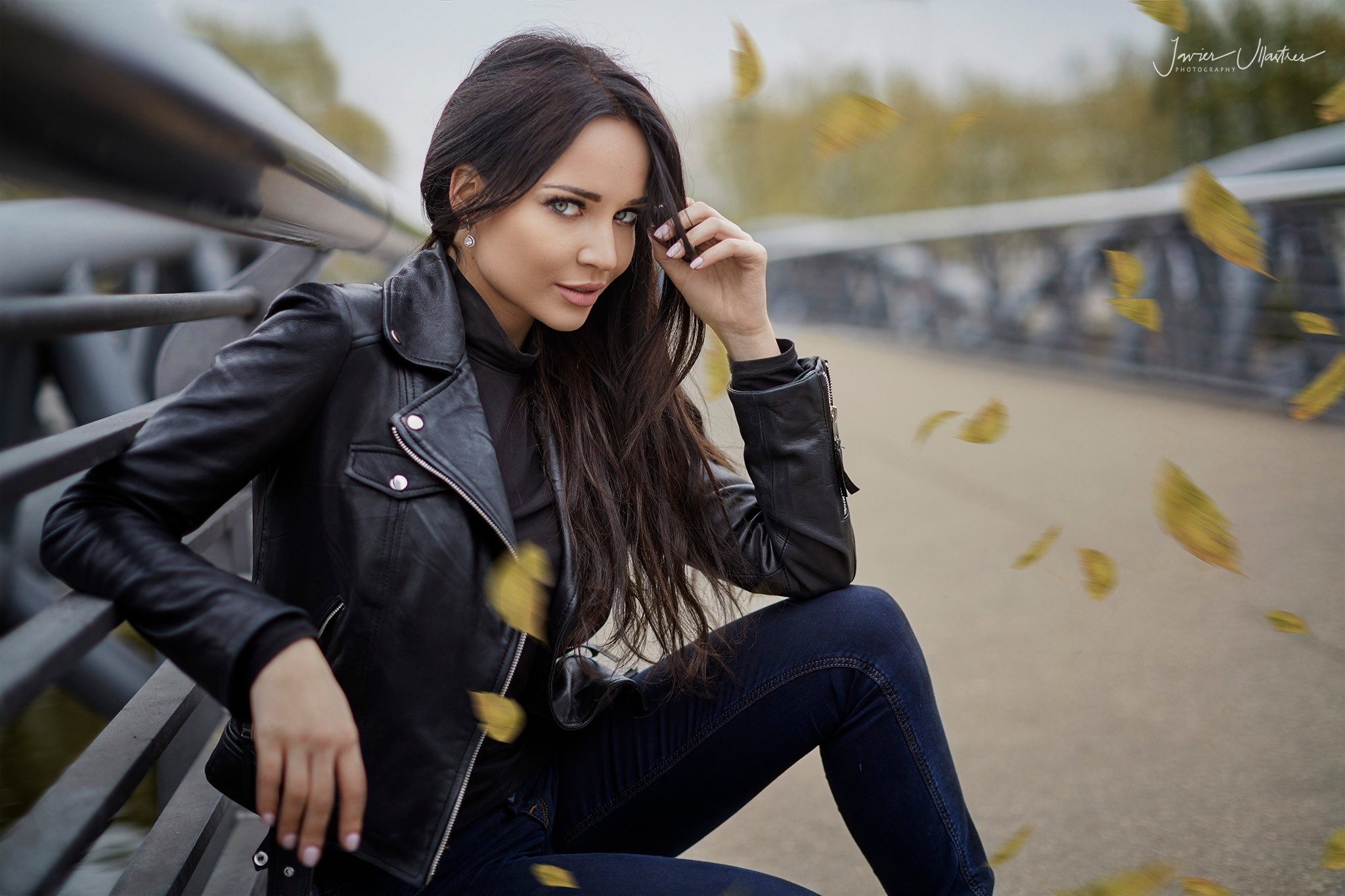 Women Brunette Women Outdoors Jeans Leather Jackets Face Portrait Motion Blur Blue Eyes Smirk Leaves 2048x1365