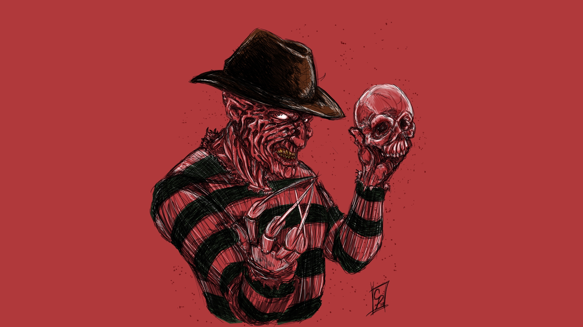Movies Freddy Krueger Horror Minimalism Skull Red Skull TV Creature Red Background Simple Background 1920x1080