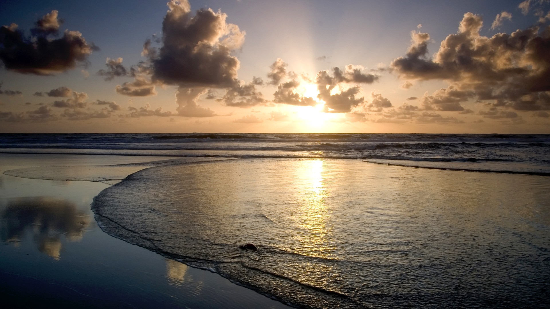 Sea Beach Sunset Vignette Horizon Coast Sunlight Crepuscular Rays 1920x1080