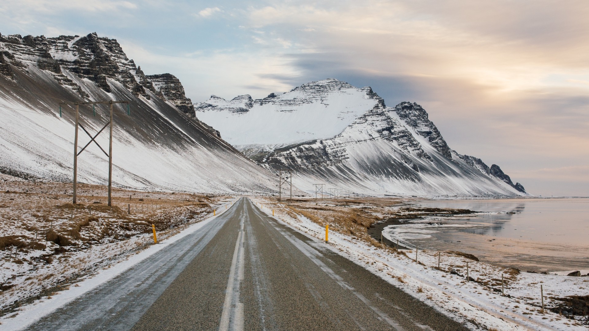 Nature Landscape Mountains Winter Snow Snowy Peak Road Clouds Lake Iceland Utility Pole Reykjavik 1920x1080