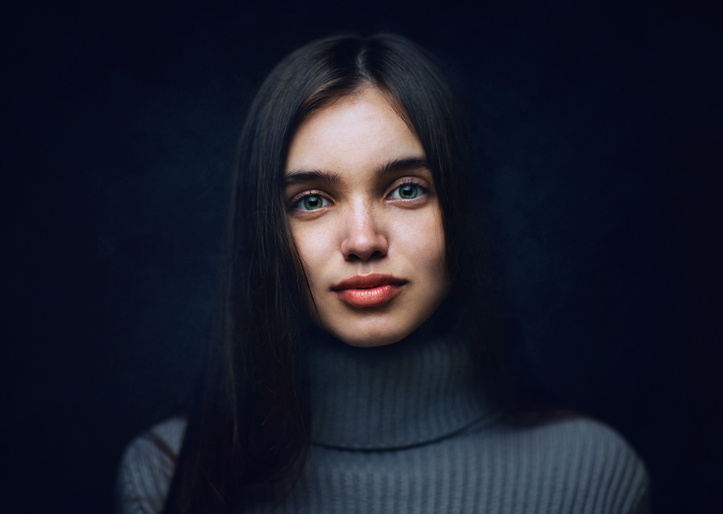 Women Zachar Rise Model Looking At Viewer Face Portrait Brunette Dark Background Turtlenecks 2447x1741