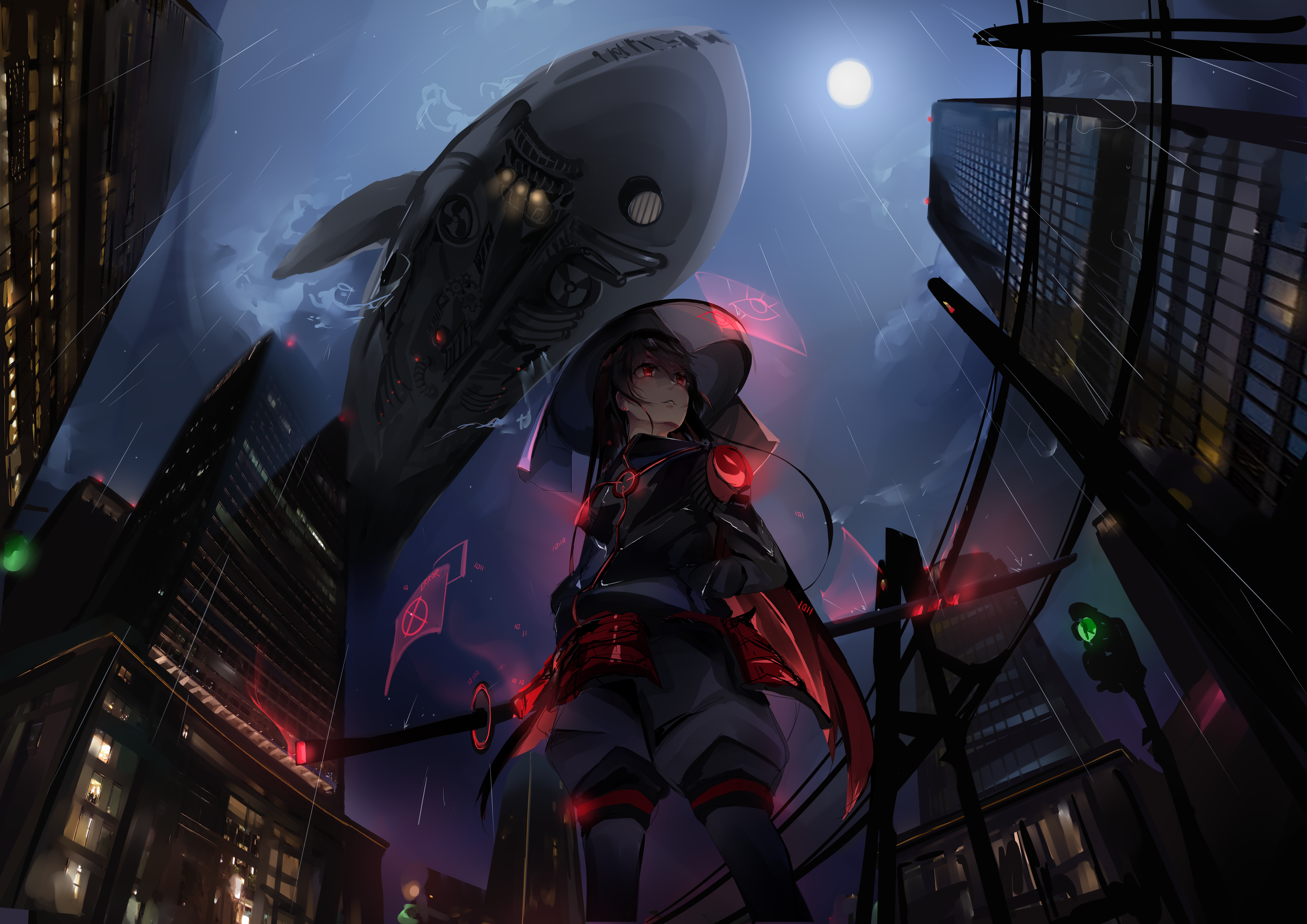 Sword Katana Moon Weapon Zeppelin Whale Anime Girls Dark Background Neon Glow Dark Hair Solo City Cy 8185x5787