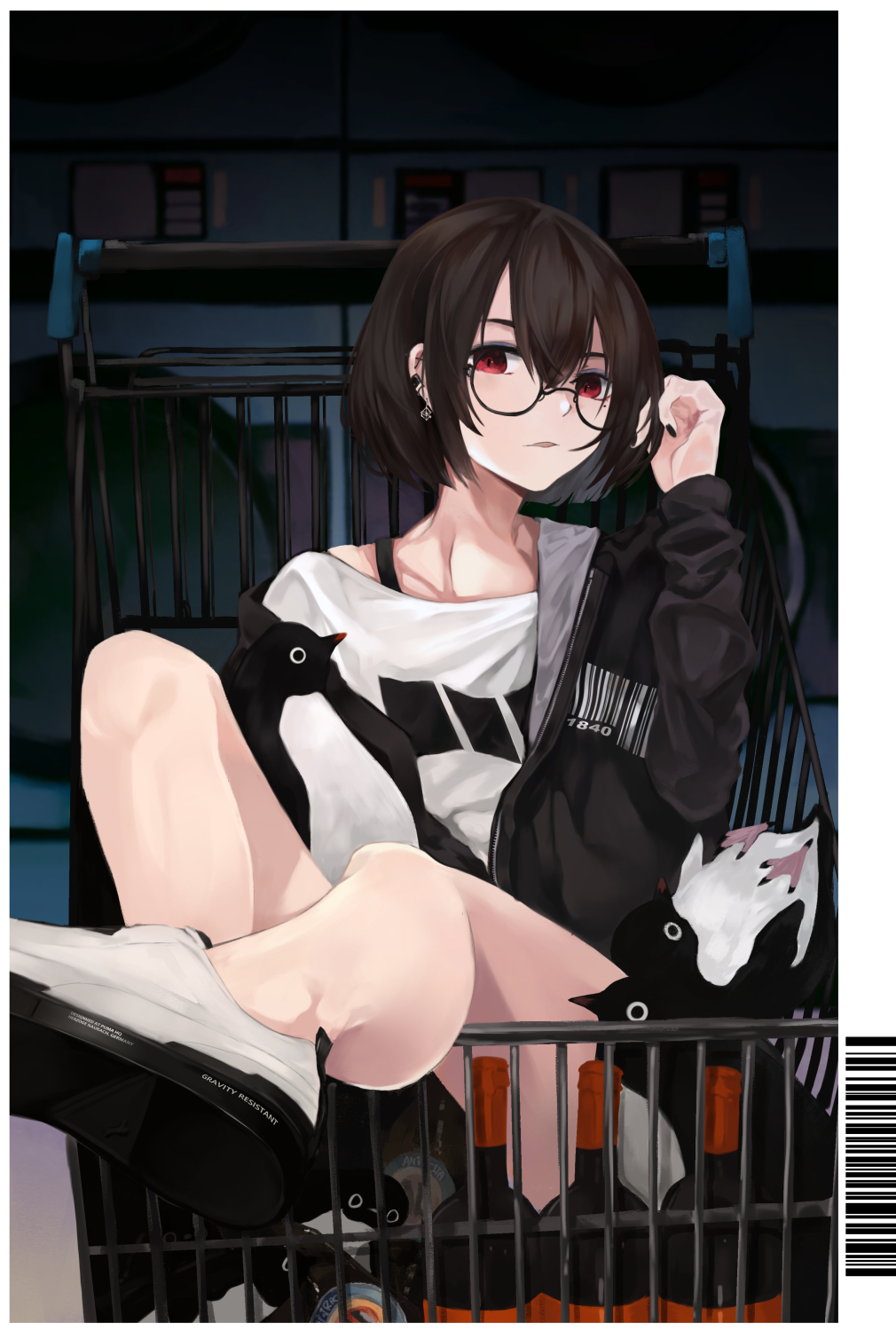 Penguins Black Hair Glasses Anime Girls Earring Shopping Cart Bottles Red Eyes Black Nails Barcode 1010x1500