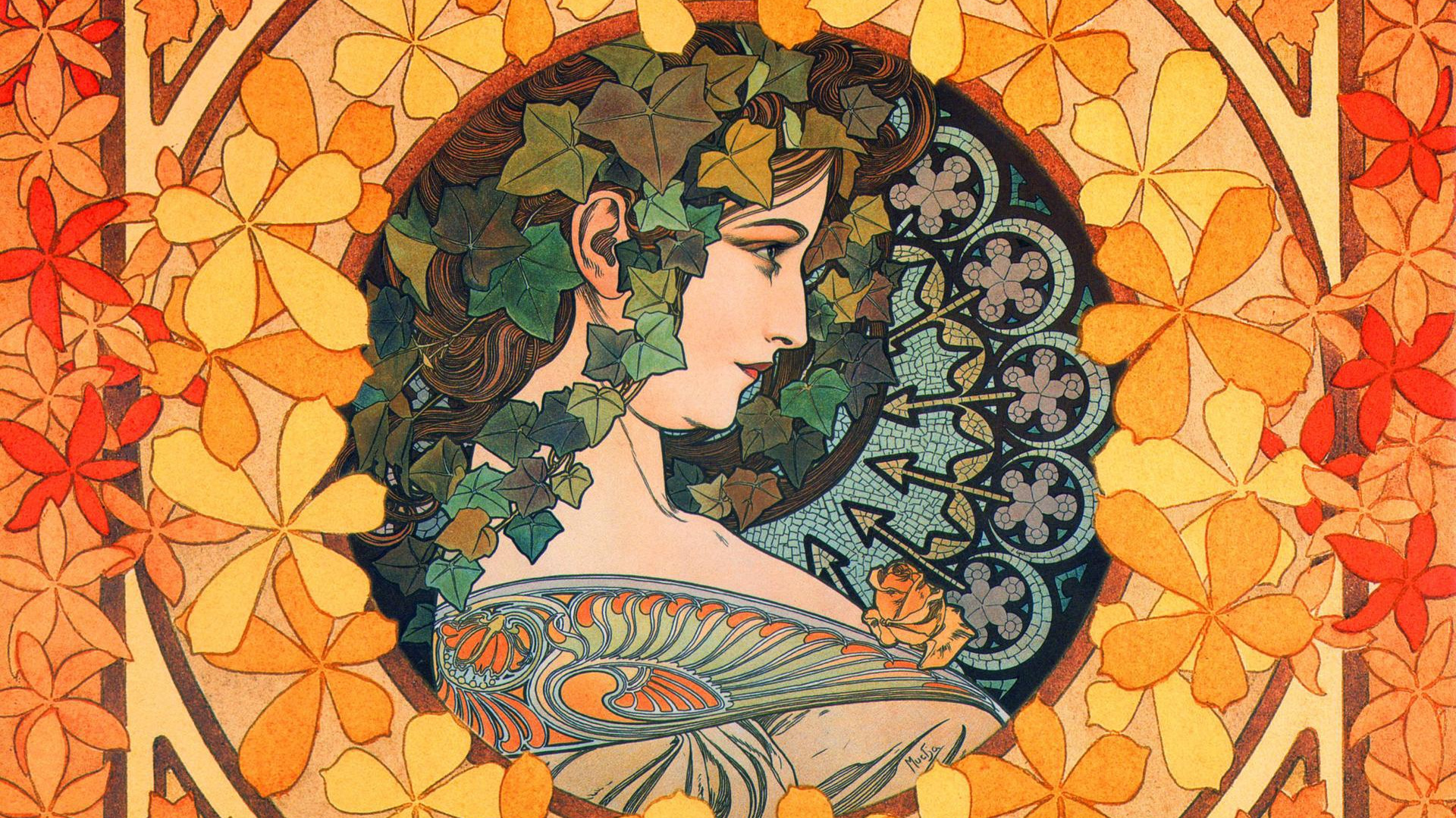 Women Long Hair Artwork Painting Alphonse Mucha Leaves Mosaic Brunette Portrait Face Profile Traditi 1920x1080