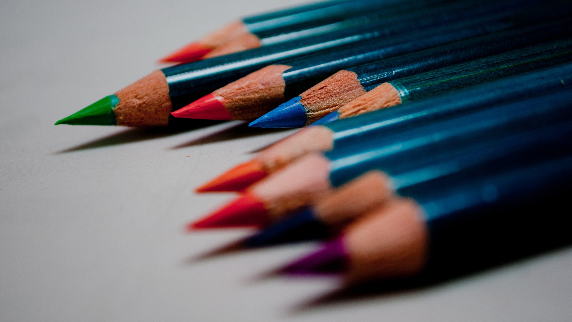 Pencils Blue Colorful Sharp Depth Of Field Shadow Gray Background Closeup 1920x1080