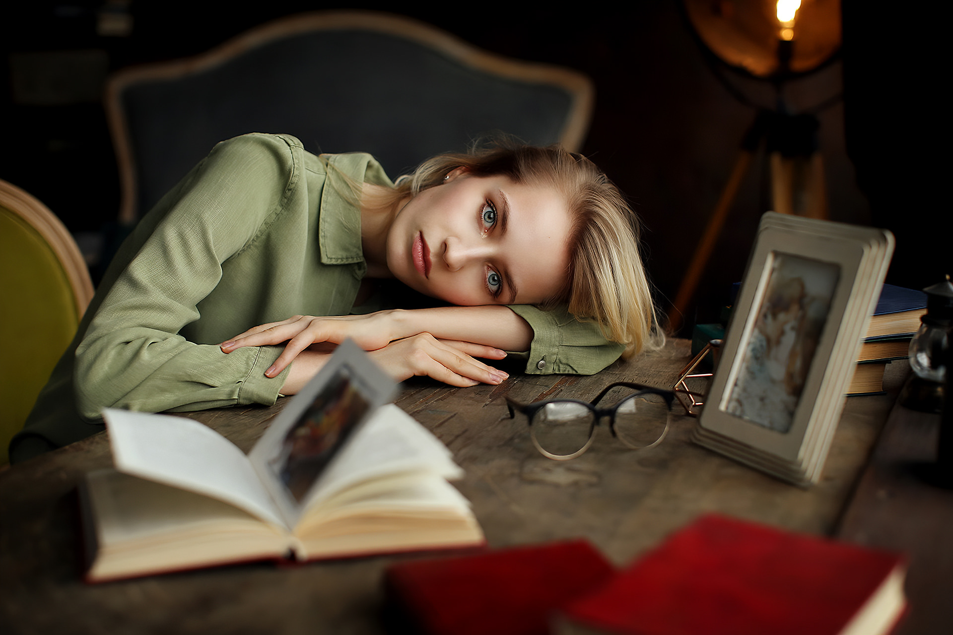 Women Blonde Books Glasses Portrait Dmitry Arhar Sitting Table Green Shirt Resting Head Thinking Blu 1920x1280