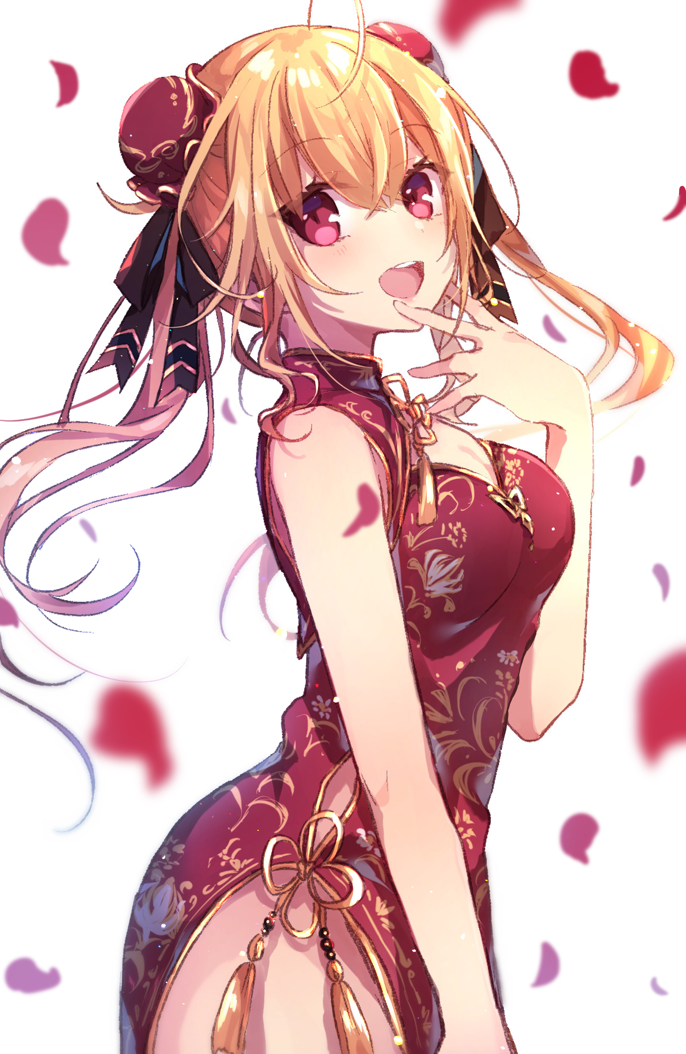 Anime Anime Girls Digital Art Artwork Dress Blonde Open Mouth Red Eyes Rose Petals Simple Background 2304x3540