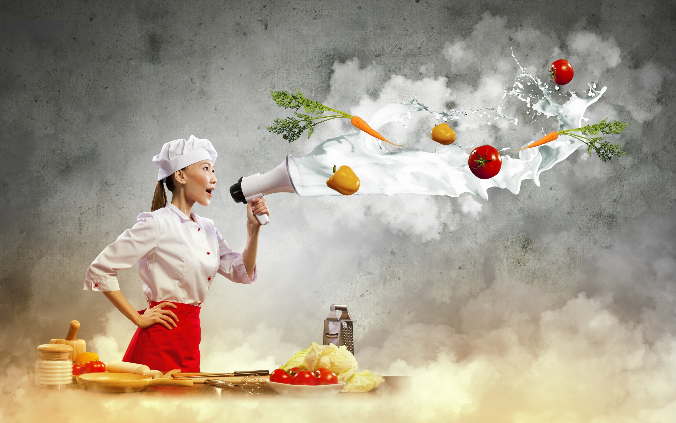 Women Model Brunette Asian Long Hair Cook Kitchen Hat Skirt Vegetables Tomatoes Peppers Carrots Tabl 2560x1600