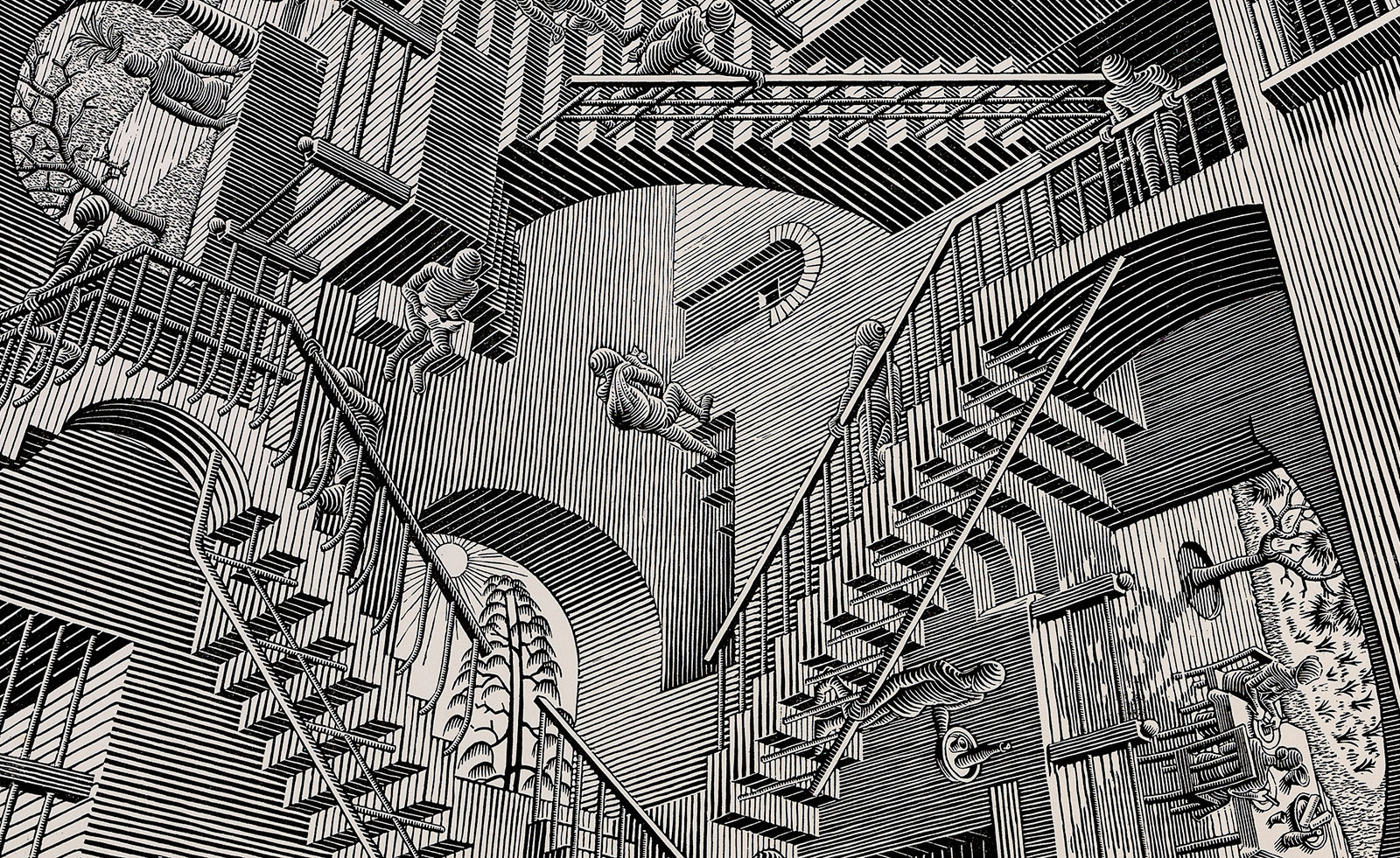 Artwork Optical Illusion M C Escher Drawing Monochrome Stairs Building Indoors Imagination Staircase 1600x981