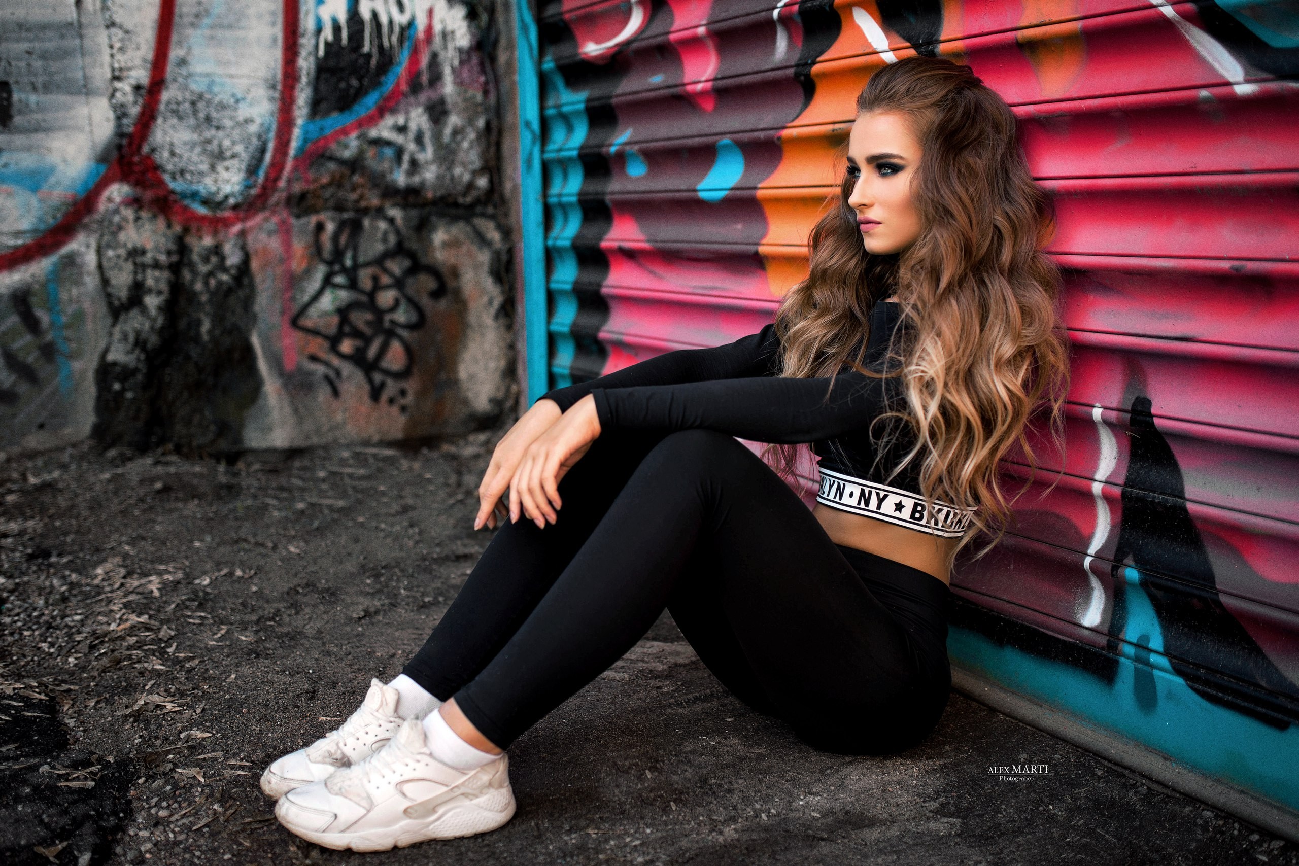 Aleksandra Taranova Women Portrait Sneakers Black Clothing Sitting Looking Away Graffiti Wavy Hair B 2560x1707