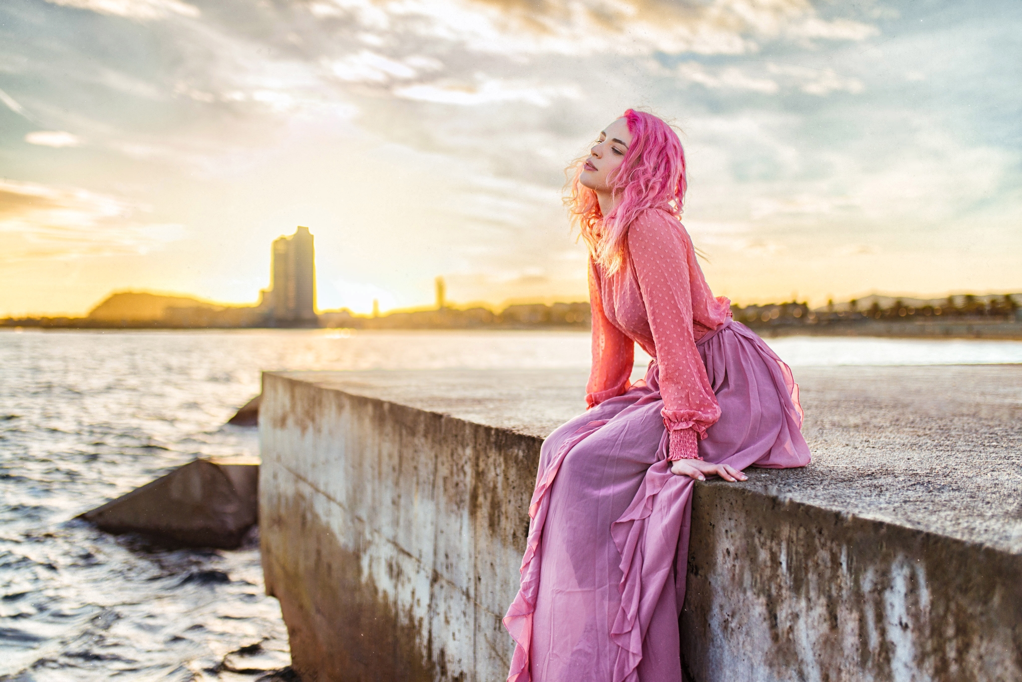Women Model Pink Hair Dyed Hair Profile Looking Away Blouses Skirt Pink Clothing Sitting Depth Of Fi 2048x1367