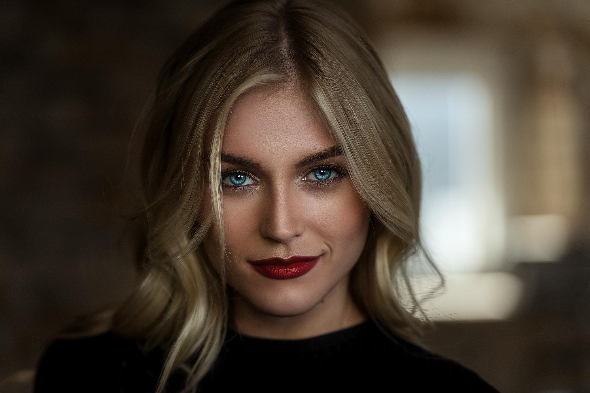 Women Blonde Face Smirk Red Lipstick Blue Eyes Portrait Bokeh Black Clothing Mark Prinz Allie 2048x1367