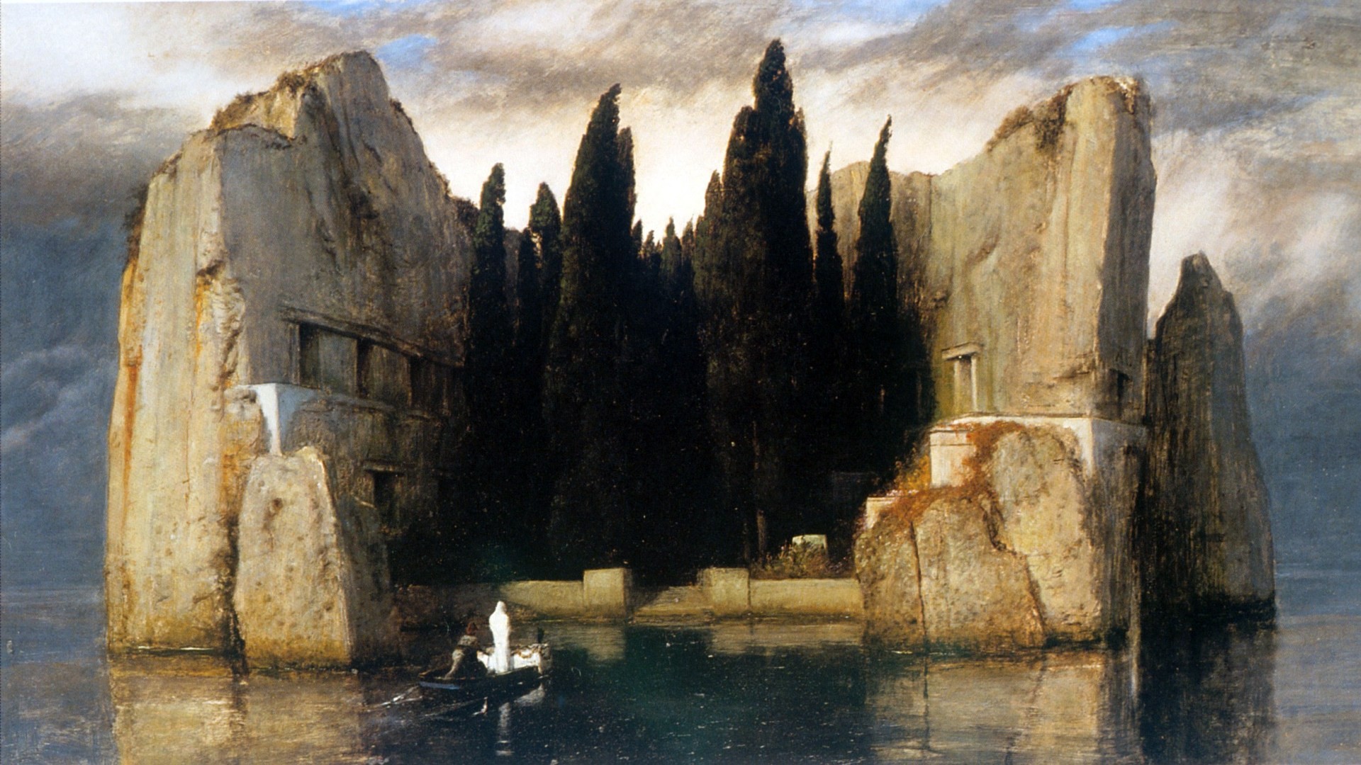 Fantasy Art Nature Painting Arnold Bocklin Island Rock Cliff Boat Trees Sea Clouds Classic Art 1920x1080