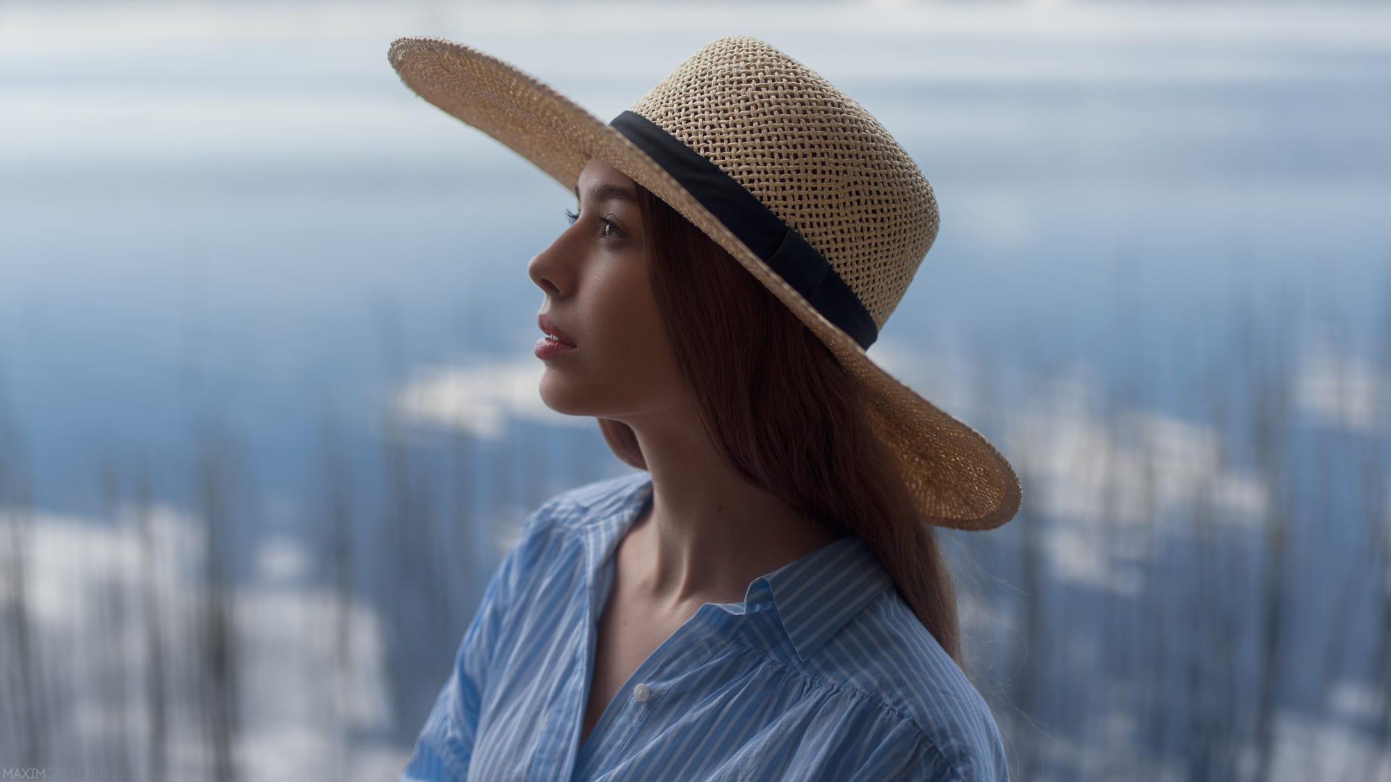 Women Portrait Profile Brunette Striped Clothing Women With Hats Straw Hat Maxim Guselnikov Women Ou 2000x1125