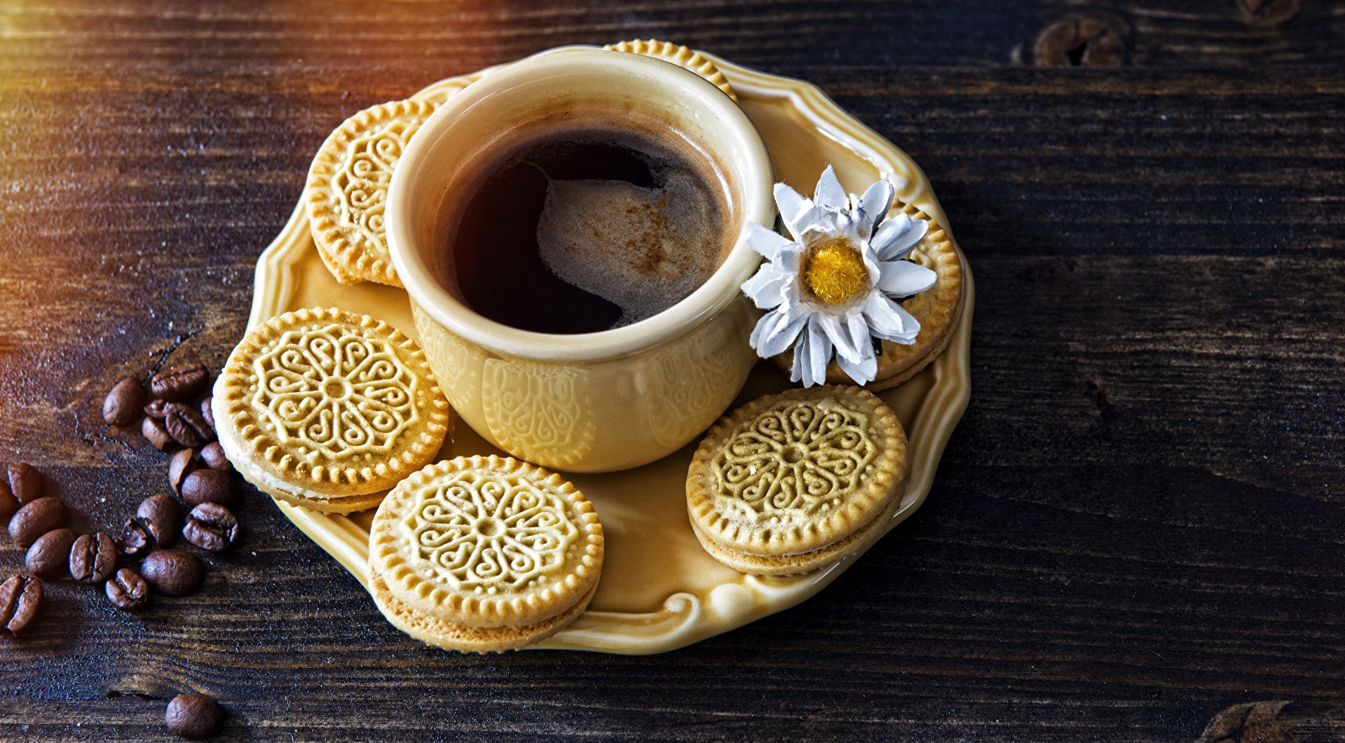 Sweets Cup Coffee Beans Coffee Food Biscuit Flowers Cookies Wooden Surface 1919x1061