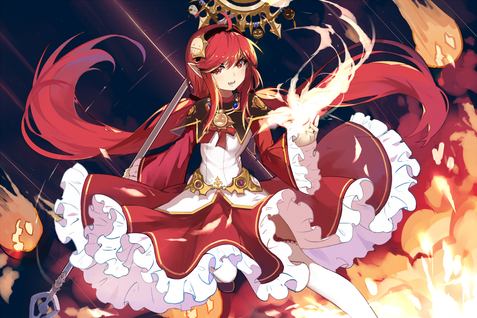 Dungeon Fighter Online Video Game Fire Flame Red Dress Long Hair Red Eyes Red Hair Weapon Twintails 1651x1100