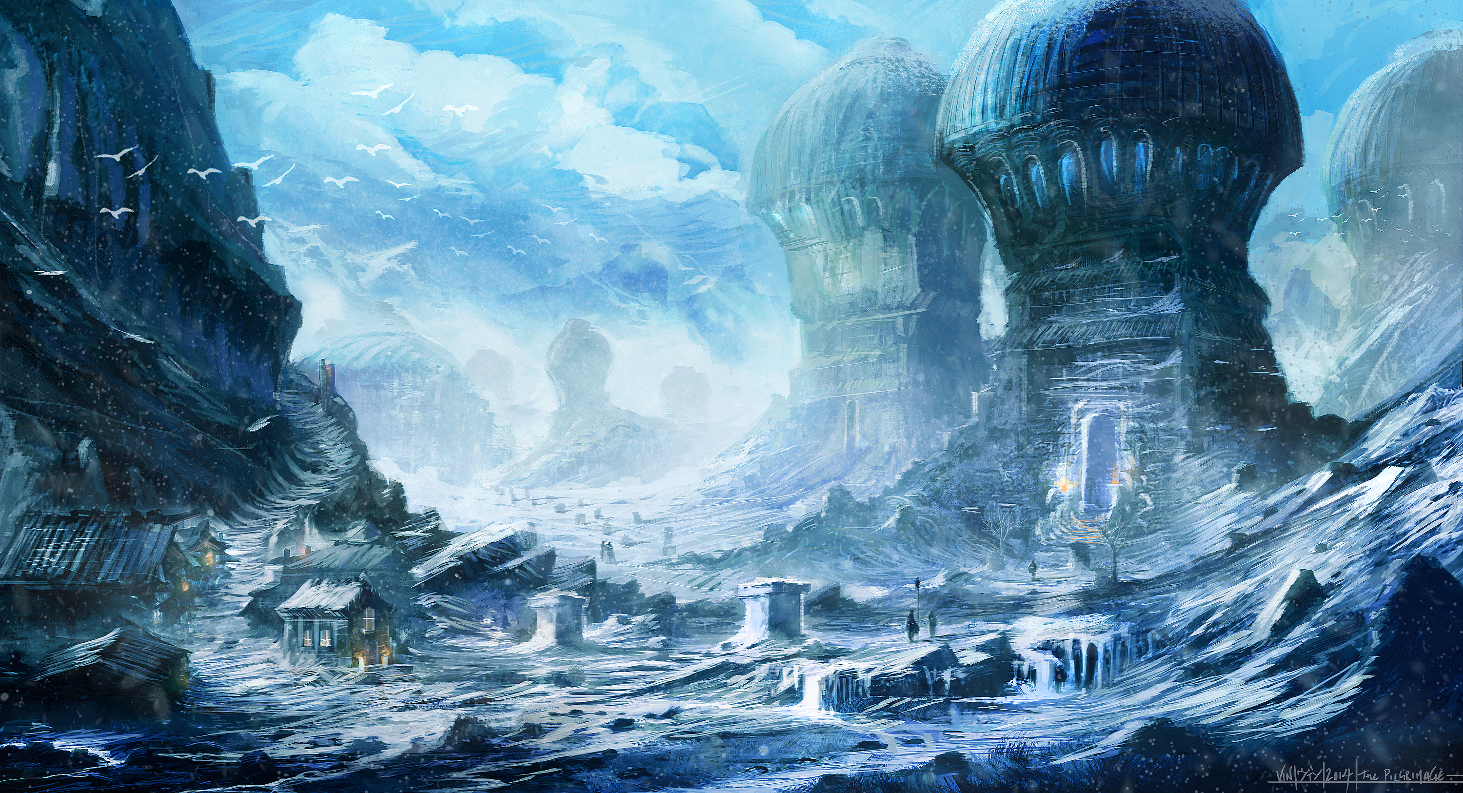 Fantasy Art Architecture Mountains Science Fiction Artwork Digital Painting Painting Blue Ice Snow S 3000x1626