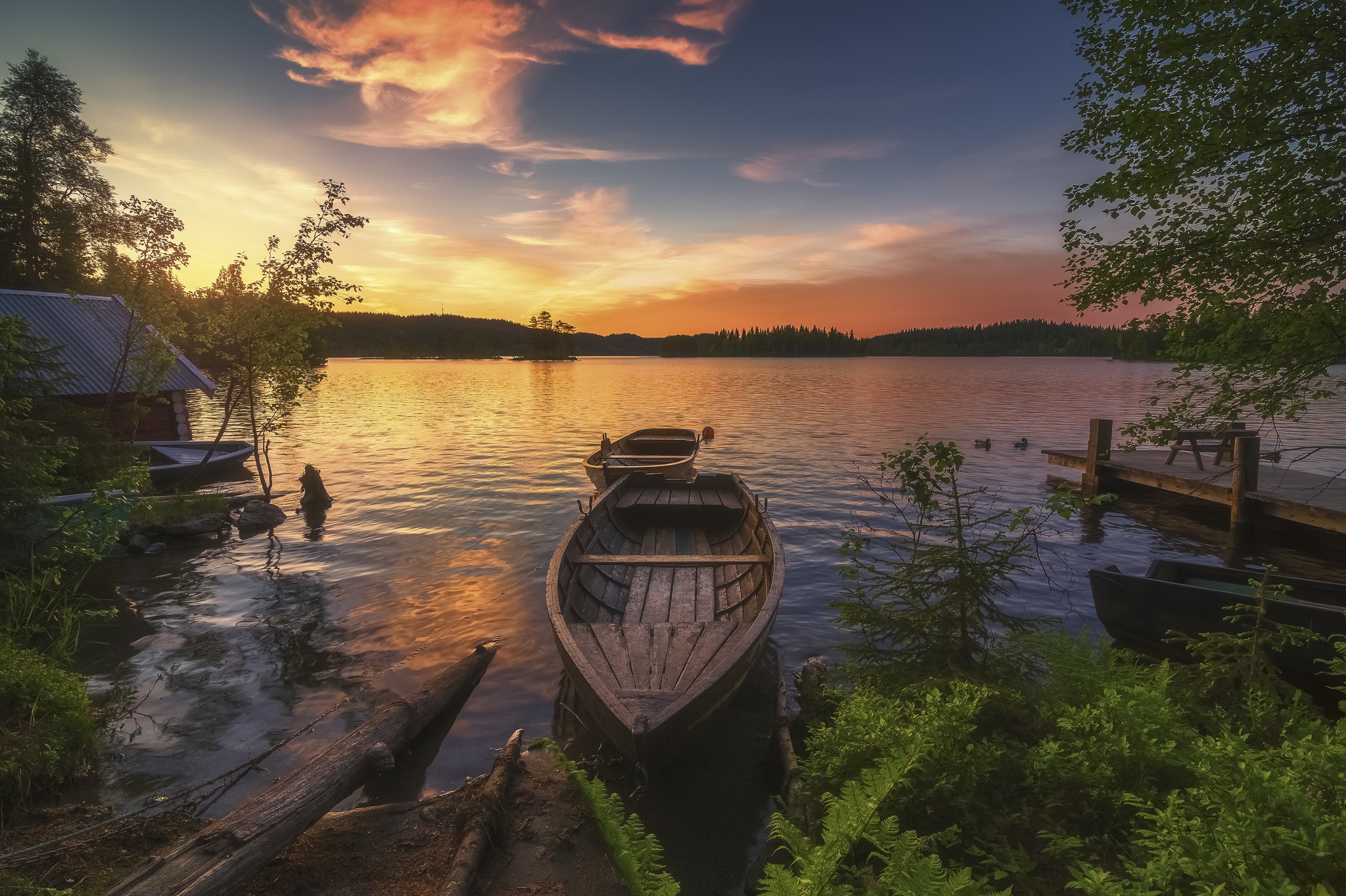 Landscape Water Lake Rowboat Sunset 2048x1365